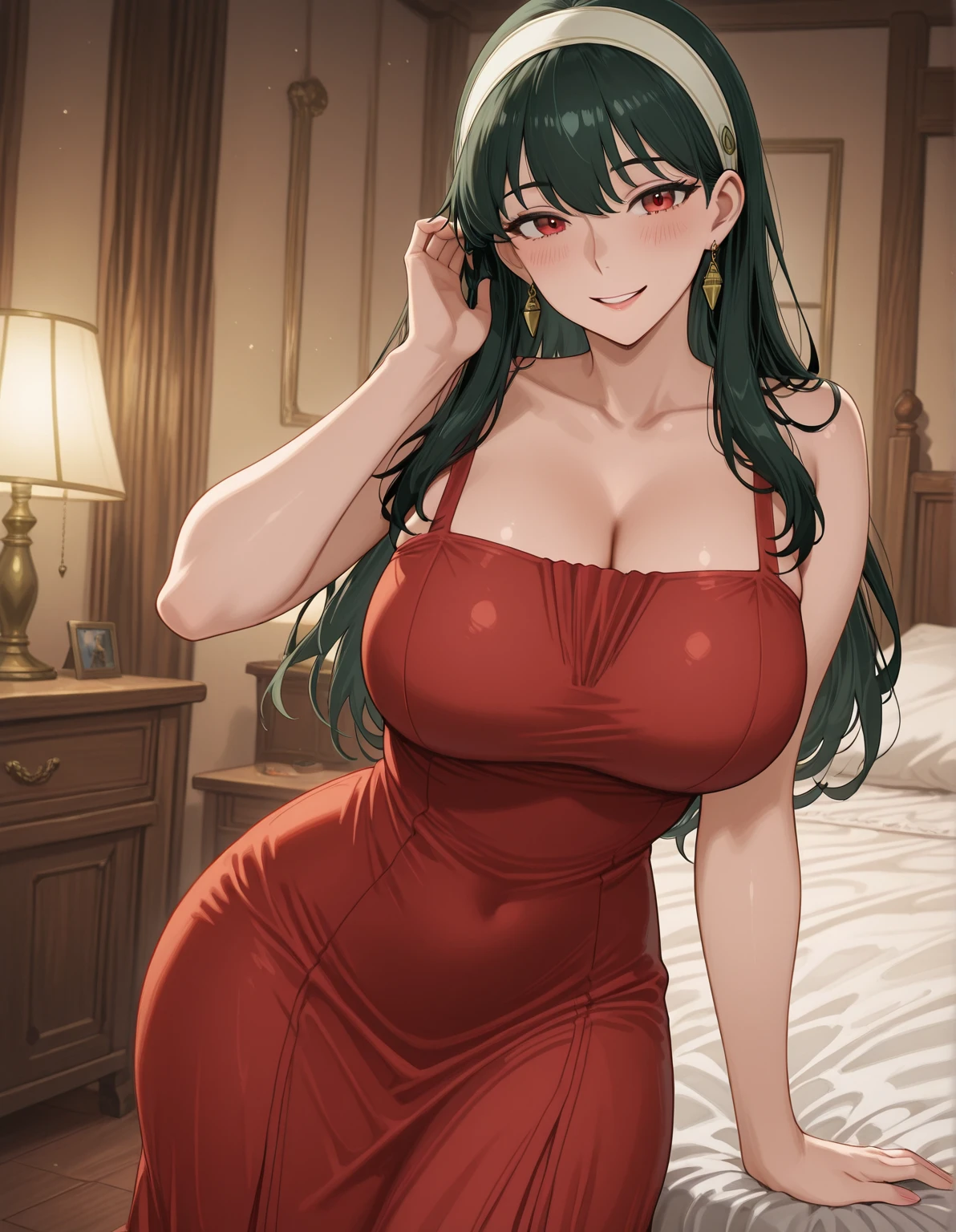 a female who has hazel eyes and green hair. Her true form is that of a tall, fully-grown curvaceous and well-endowed adult with long waving green hair. Notably, she has a scar and the crimson line that runs across her face, and pronounced lower canine teeth. Her gown is now torn into a skirt and a top, connected with a single strip across her abdomen.