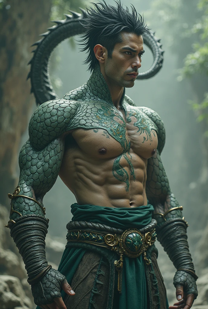 Create a rpg character He is a pure blood yuan ti He is a druid, and dresses accordingly He is a black man and on his skin he has some green scales His eyes are similar to those of a snake He commands a spirit in the form of a serpent He is a wizard He dresses in a cloak and pants He has a wooden staff He is young and thin, put on shoes Your skin is lighter, his scales appear on his arms and chest Make the snake more visible The snake is on fire His chest is covered in leather clothes Make him more human He is brown Cover his torso with leather armor The fire is blue-green His chest is covered with fabrics and gold details