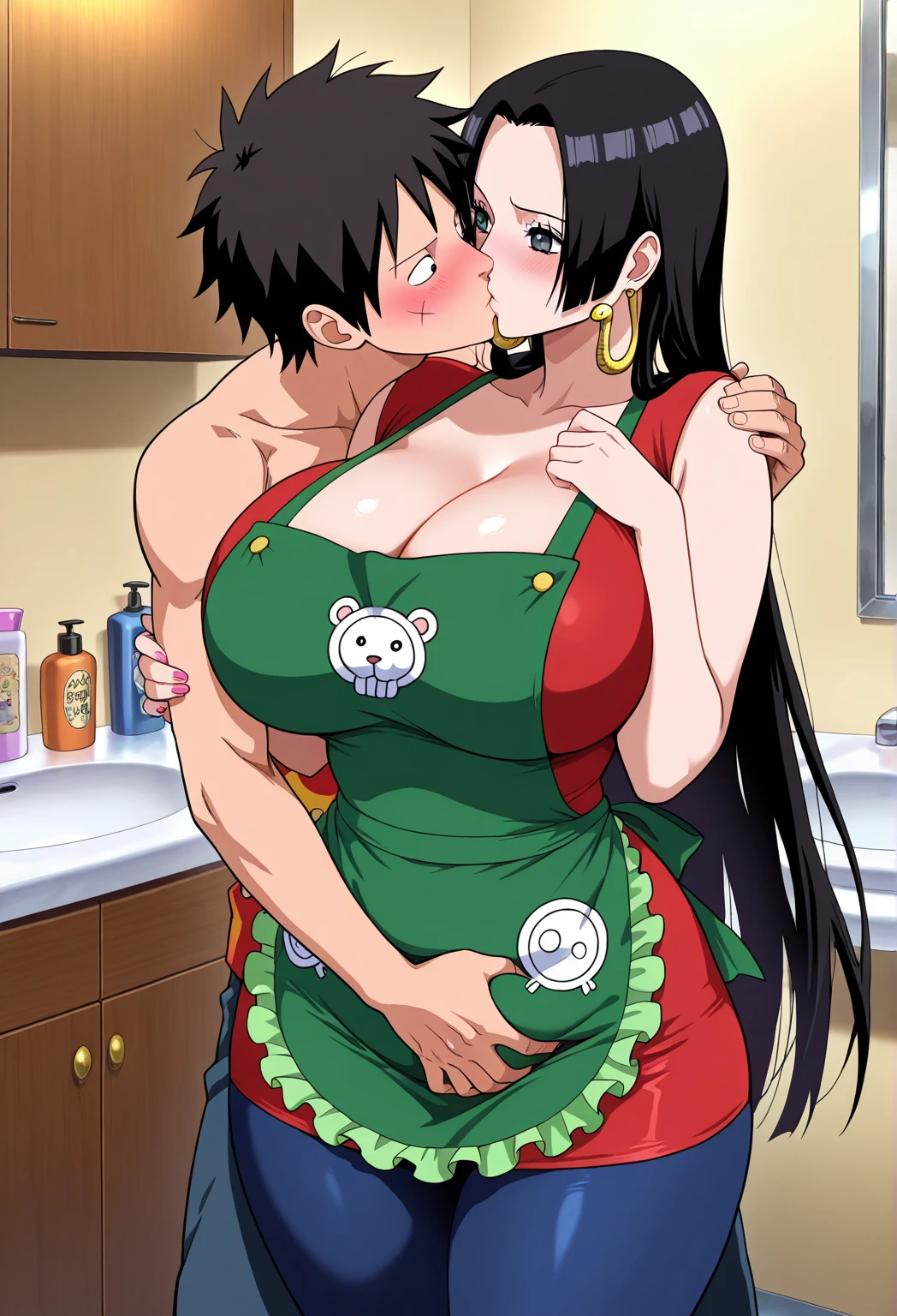 score_9, score_8_up, score_7_up, score_6_up, score_5_up, score_4_up, rating_explicit, source_anime, garden, pool, sky, (huge breasts:1.4), bikini, dak1d3m0n, 1girl, yellow eyes, blackformstyle,long hair, black hair,hair ornaments,bare shoulders,jewelry,earrings, hug, male shota, shota, smile, daki hug shota, smile, fucking, nsfw, small penis, shota small penis,