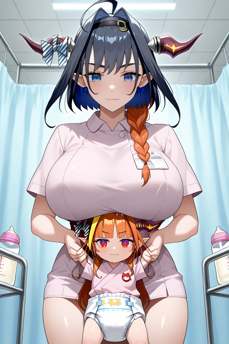 score_9, score_8_up, score_7_up, score_6_up, score_5_up, score_4_up, (source_anime), 2girls,Kobayashi-san Chi no Maid Dragon, (Kanna Kamui, short hair, kid , small breasts, {sucking breasts}), (lucoa, long hair, massive breasts, Inverted nipples,), yuri, age difference, giant size difference, breast sucking, far, full body, breast milk, Horn