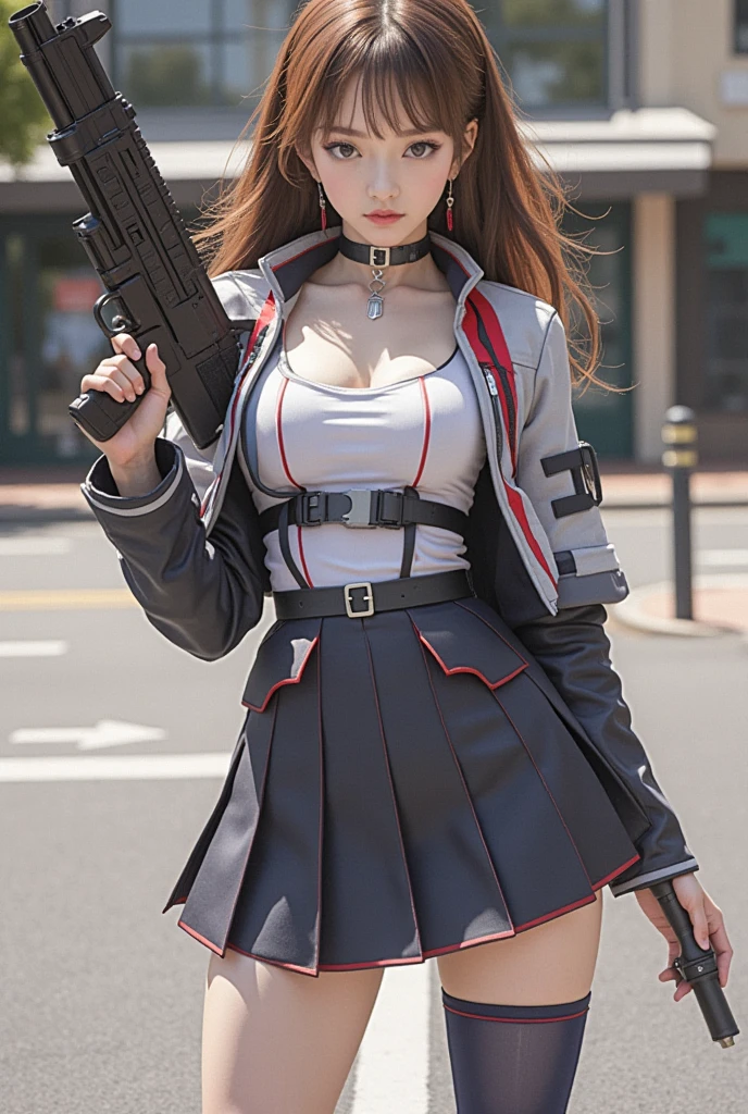 Create a highly detailed 3D rendering of a character named Ulc from SEGA's PSO2. The character is an elf-like female with pointed ears and long, straight, dark red hair. She wears a futuristic, military-style uniform with gray and white colors. (small military garisson cap), The uniform includes a fitted jacket with intricate white designs, shoulder epaulets, and a skirt. She has a serious expression and is depicted with one hand near her ear as if she is communicating through a device. (shiny skin)