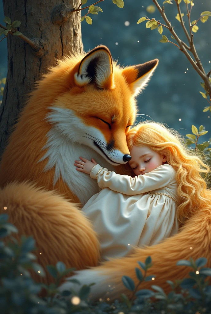 (masterpiece), best quality, expressive eyes, perfect silhouette (detailed environment, detailed animal), young girl human,((girl doesn't have fox ears)), 8 years old, detailed face, defined and beautiful eyes, ((the girl has golden blonde hair, bright yellow lime, long golden hair)) ,((sleeping on the belly of a giant fox)), white silk nightgown, (pajama style)), a giant fox,((full fox form)) sleeping next to the girl, ((golden fur with black)) magical sparkles, (((the fox and the girl are sleeping under a tree))), in the starry night, (((detailed form body the fox and the human))), ((((the fox is sheltering the girl by surrounding her with his body)))), the fox's fur is magical and shiny, ([ very Realism]), The girl is 10 years old, (( slender, tender, angelic girl, sleeping sweetly)), hair of the girl stuck on the body of the fox
