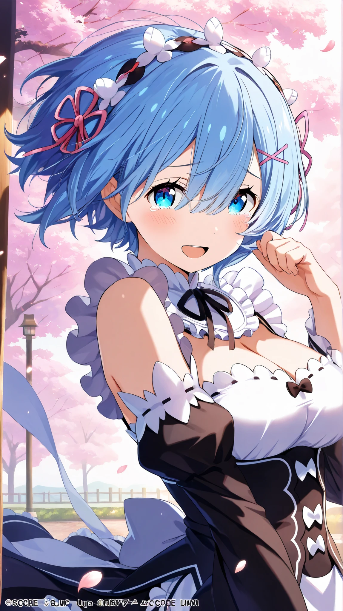 score_9, score_8_up, score_7_up, score_6_up, score_5_up, score_4_up, source_anime, aarem, short hair, blue hair, maid headdress, x hair ornament, hair ribbon, hair between eyes, blue eyes, breasts, frilled collar, neck ribbon, cleavage, frills, dress, detached sleeves, Scenery of rows of cherry blossom trees, petals dancing in the wind, (wind:1.2), floating hair, smile, tears, open mouth, (side view), Best Quality Official Art, Ultra-fine, masterpiece, Ecstatic face, portrait, looking at viewer,