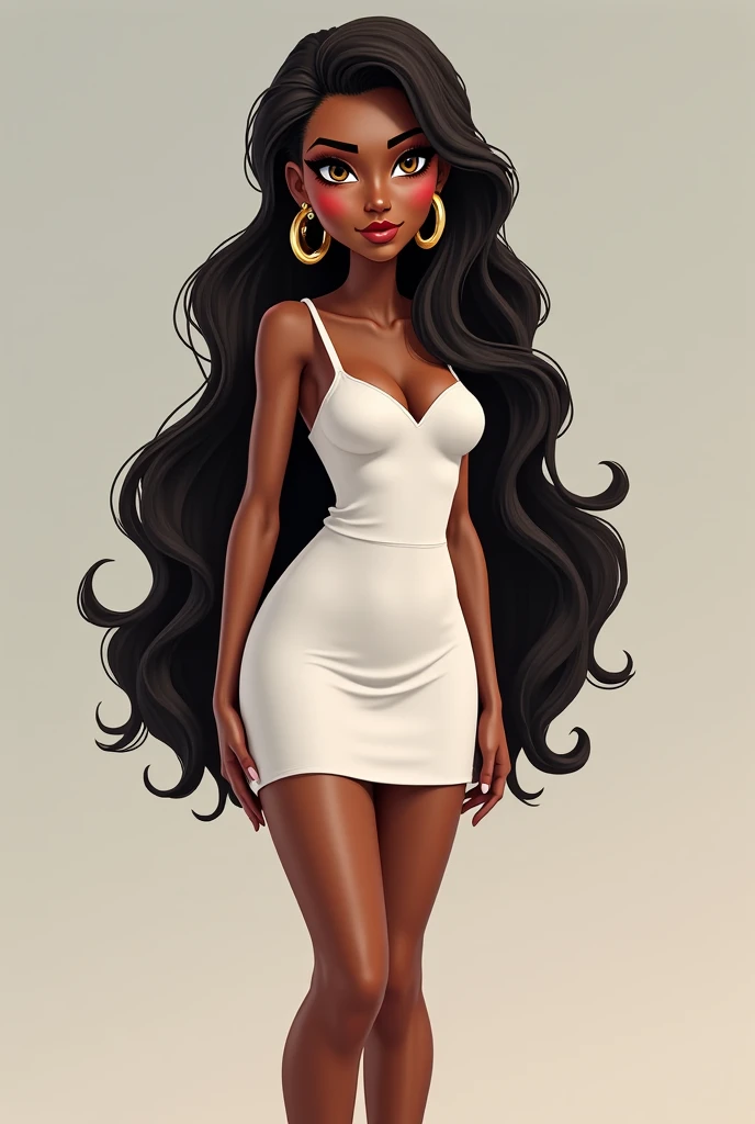 A sexy cartonn black woman in white dress posing gracefully for a photo, beauty in loose dress, curly hair, Waist slender, Sexy black girl, mulher de corpo inteiro, wearing loose dress, beautiful seductive black woman, slender figure, cartoon vector style, corpo pin-up, Broad Hips