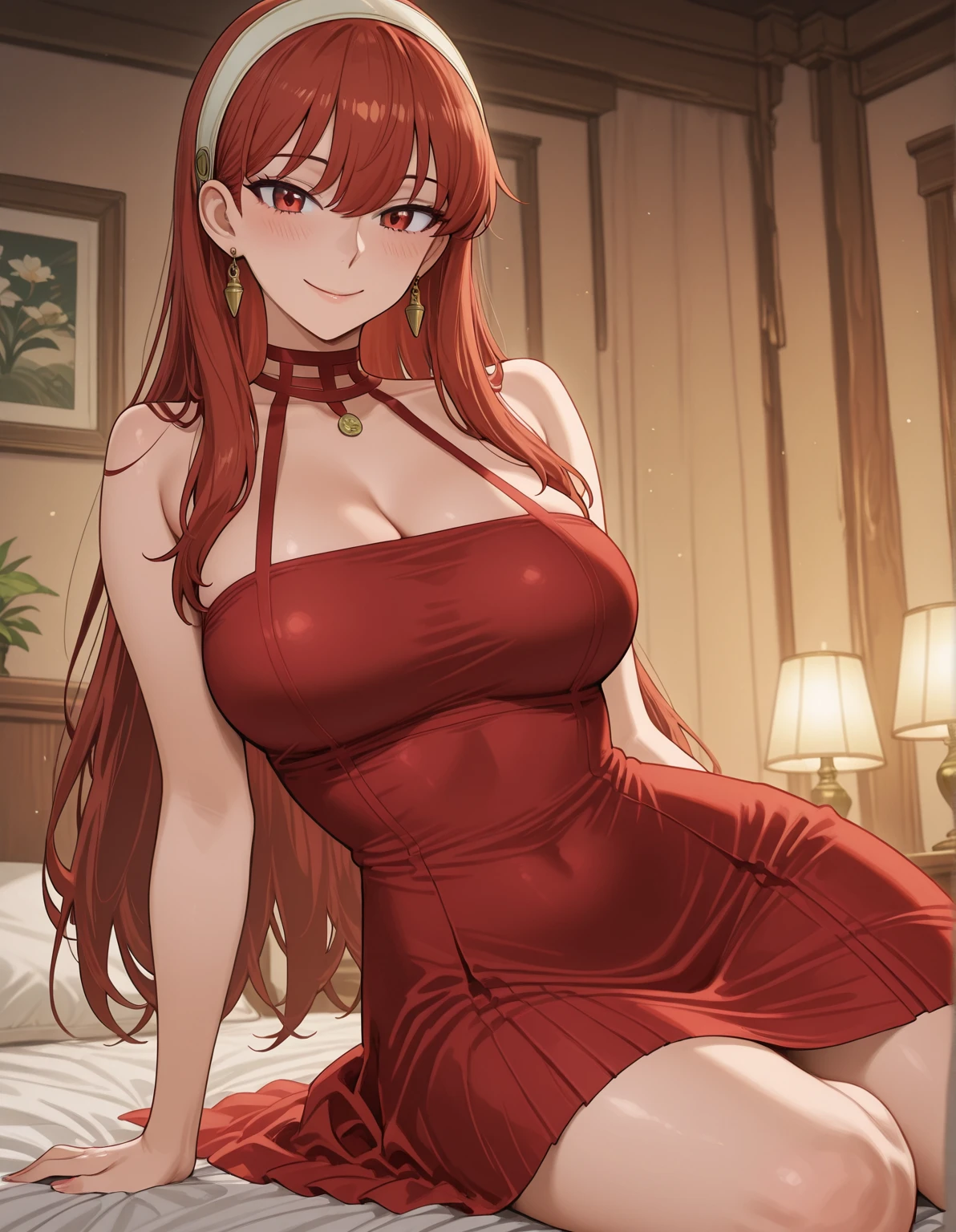 (masterpiece, best quality, ultra-detailed, high resolution, detailed eyes), nsfw, from above, takeda hiromitsu style, 1 beautiful woman, (30 years old), nightclub, cocktail long dress with slit, earrings, curvy body, large breast, tall, big eyes, long red hair, curly hair, sitting on sofa, from side