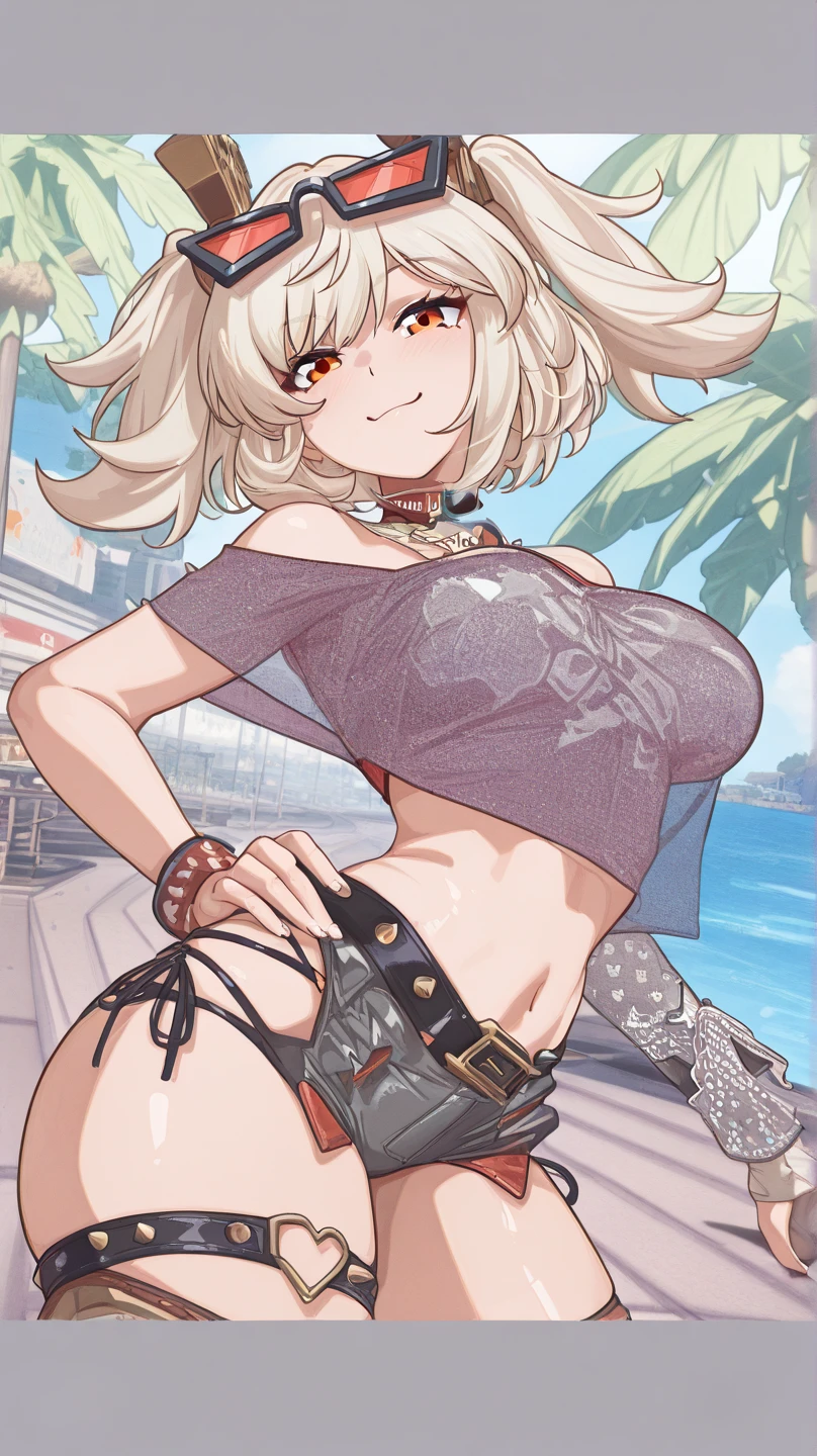 Best quality, massive breasts, massive ass, very curvy, dark brown skin, long blond hair, yellow eyes, slutty, gyaru, full lips, seductive, smiling ,model, one woman, blond hair, gyaru, darkskin, blonde, white bikini, beach, white bikini, yoga gym, darkskin, tan, white bikini, magazine , magazine cover, magazine covers, brown skin, one girl, blonde girl brown skin, sole female , one woman, one girl, solo girl