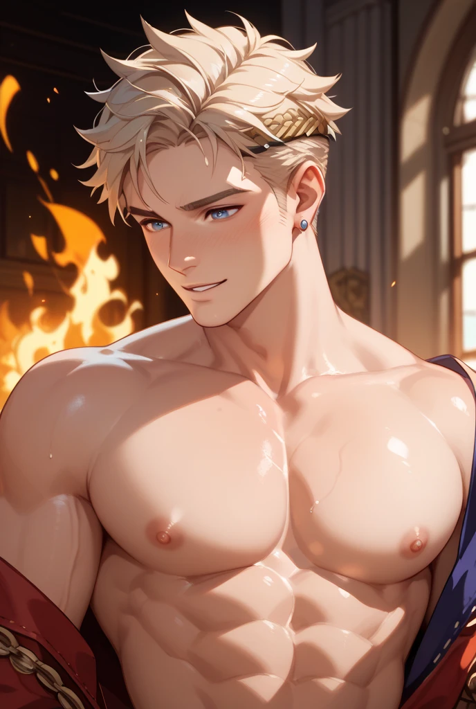 30 years old, big eyes, Chinese male, stubble, white inches, huge muscles, exaggerated muscles, mature man, muscle swelling, bodybuilding, pectoral muscles, abs, in a dollhouse, nutcracker, baroque pattern pajamas in red velvet, super large gift box, golden round bells around the neck, wheat-colored skin, 1man, standing, night, fireplace,