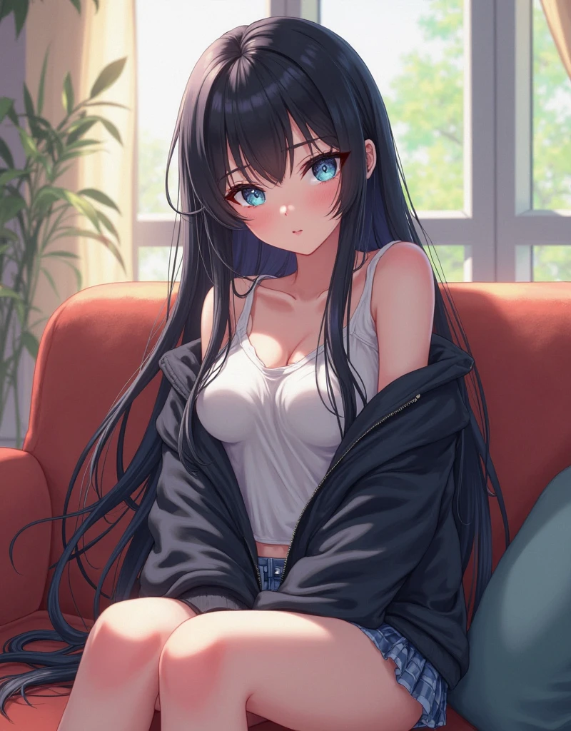 maisakurajima, Mai Sakurajima, long hair, bangs, (black hair:1.5), hair ornaments, (purple eyes:1.1), ponytail hair clip, happy smile, smile, open your mouth,rabbit hair ornaments,tank top shirt,bare arms,shorts,barefoot,There is a bucket of bread on the table.,sitting cross-legged on a chair,morning,morning日,the sun is rising,
break indoors, room,
break looking at viewer, (cowboy shot:1.5),
break (masterpiece:1.2), highest quality, High resolution, unity 8k wallpaper, (figure:0.8), (detailed and beautiful eyes:1.6), highly detailed face, perfect lighting, Very detailed CG, (perfect hands, perfect anatomy),