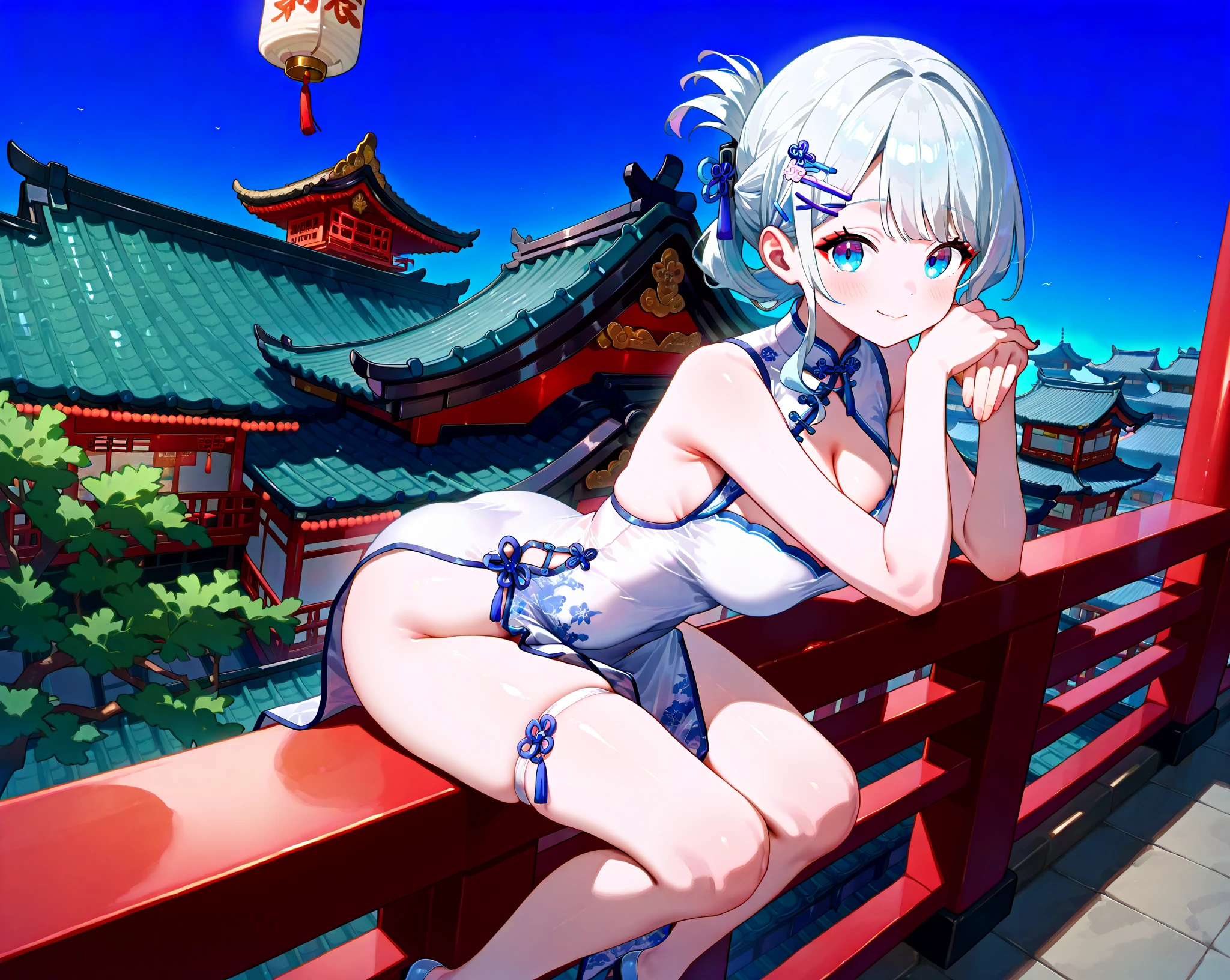 1girl, chun-li, street fighter,fighter,chinese sleeve,chinese shoulder,slingshot swimsuit,string swimsuit:1.5,impossible swimsuit,cameltoe,pubic hair,chinese town,outdoor,masterpiece, best quality, absurdres,