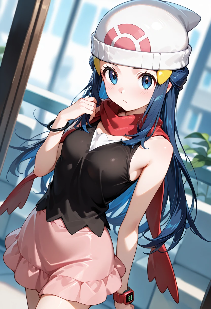 NSFW,masterpiece,Highest quality,High resolution,Super detailed,dawn_\(pokemon\),blue eyes, Blue Hair, Long Hair, Side Lock, Hair Clip, Beanie, Black Dress, No sleeve, Pink Skirt, scarf,Embarrassed,blush,Shopping mall,Lingerie Shop,(Underwear section)