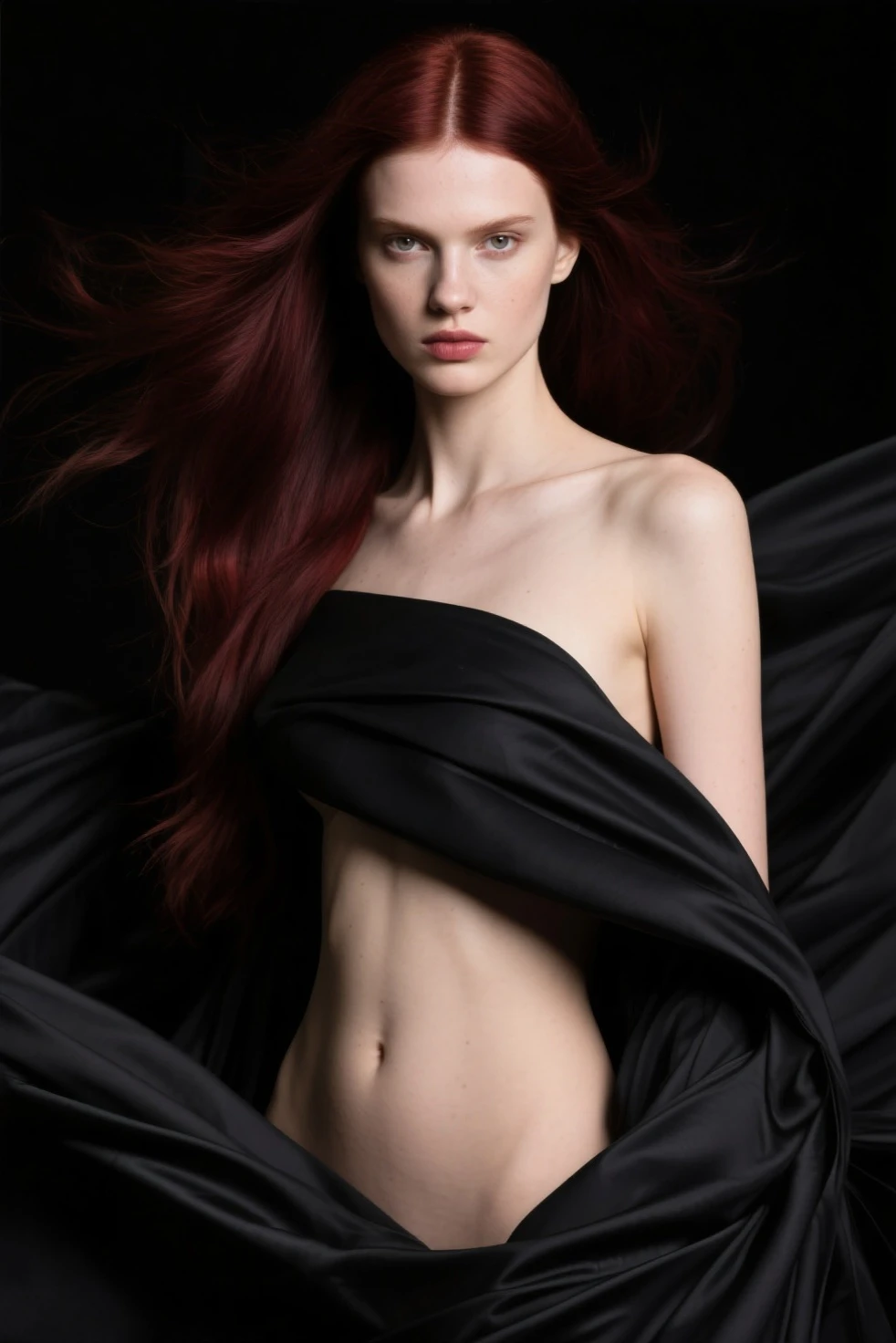 (((Realistic))) Photo, masterpiece, top quality, pale skin, (Detailed face and eyes:1.2), 1 girl, naked, (Eye makeup, mascara) , ((dark long hair)) , ((Stylish hairstyle)) , big breasts, (slender body) , Beautiful slender legs. ((Posing)) , (body curves), photo session in a dark photo studio, soft dim lighting, Focal Length, bokeh, (special attention to skin detail: 1.2), Detailed leather texture, skin pores, ((Dark atmosphere. color scheme - black, Gray, Ashen, orange tones))