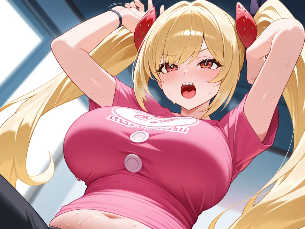blonde hair, thick hair, long layered hair, voluminous blonde hair, volume long hair pink flower in hair, pink hibiscus flower in hair, green eyes, pretty eyes, sparkly eyes, big lips, wearing pink lip gloss, long hair, giant breasts, nice top, skin tight shirt, sexy shirt, midriff, hourglass figure, (narrow waist), thick thighs, luxury, crowded space, defined stomach, bending over, bent over, sexy, atmosphere, nice ambiance, pink, kawaii, puckered lips, standing, background, cleavage, cute outfit, nice outfit, beautiful outfit, detailed face, flushed face, detailed green eyes, green eyes, head tilt, intimacy, low angle, low shot, hair ribbon, hair clips, tan skin, tan lines, shiny skin, shiny lips, thick eyelashes, big thighs, thick thighs
