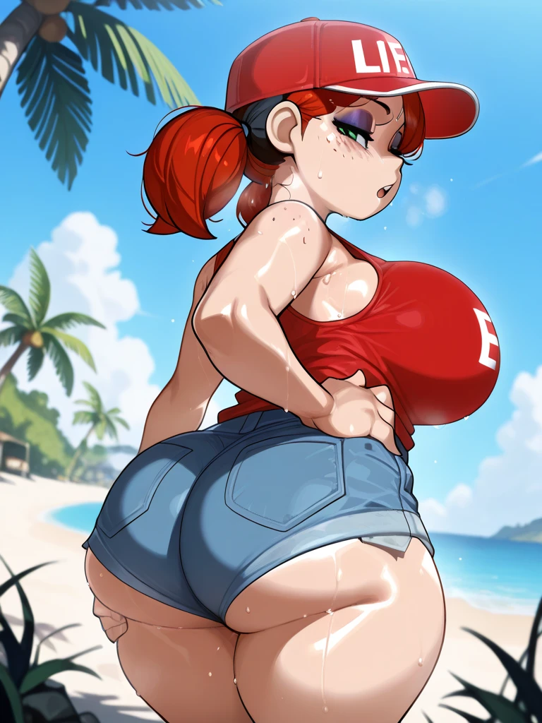 Bbw with huge belly, very large butt, cute face, head scarf, very wide smile, short skirt, tee shirt, next to the beach,
