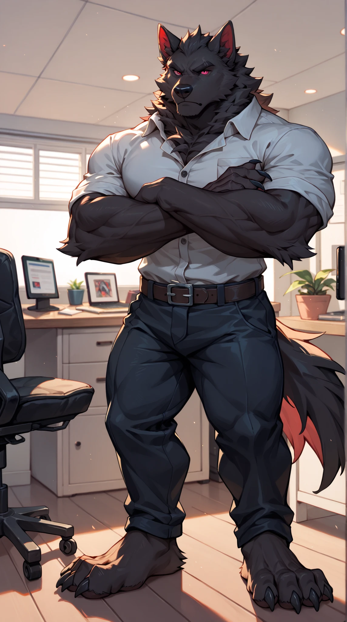 masterpiece, Anthropomorphic black dragon, white belly,There is a pair of beautiful dragon horns, black dragon scales,1 tail, very muscular body, nice, only shorts, in office,sit on the table,boss