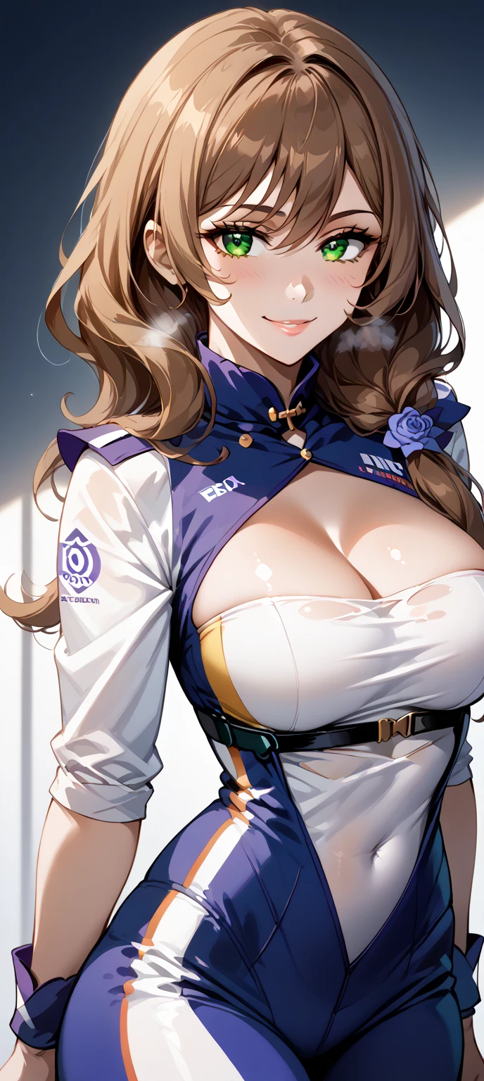 score_9, score_8_up, score_7_up, score_6_up, score_5_up, score_4_up, source_anime
, 1girl, Mona (genshin_impact), genshin_impact, medium breasts, collarbone, breasts focus, floox style, \\\\\  jacket,, open clothes, blue jacket, blue track suit,, sportswear, standing, track jacket, blue track pants, track suit, \\\\\ steam, steaming body, sweat,, rating_explicit, high resolution, deep breath, head out of frame, grey background, solo, nipple slip, waist-length dark purple hair that turns slightly red at the ends, shy, blush, gold earring that resembles a compass rose on her left ear