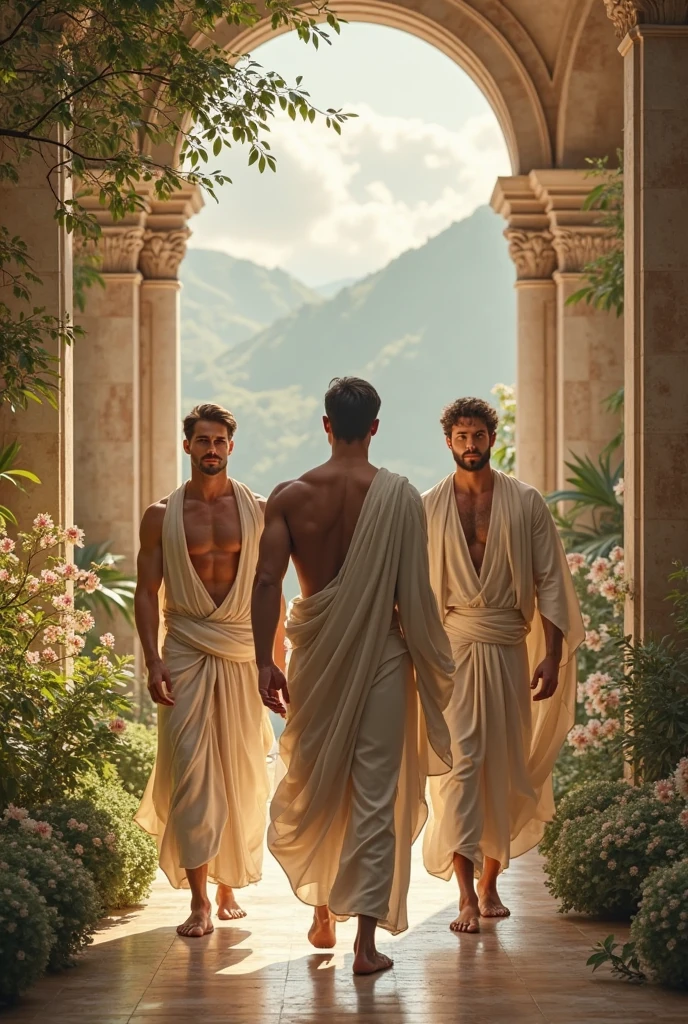 masterpiece, artistic, photorealistic, high resolution, best quality, 2 men posing together, Muscular men with black hair, detailed face, beautiful eyes, greek, mediterranean skin tone, Greek god body, small waist, nude, wearing white transparent wet toga, elegant short hair, ancient Greece setting, Flowers and mist around, beautiful detailed background