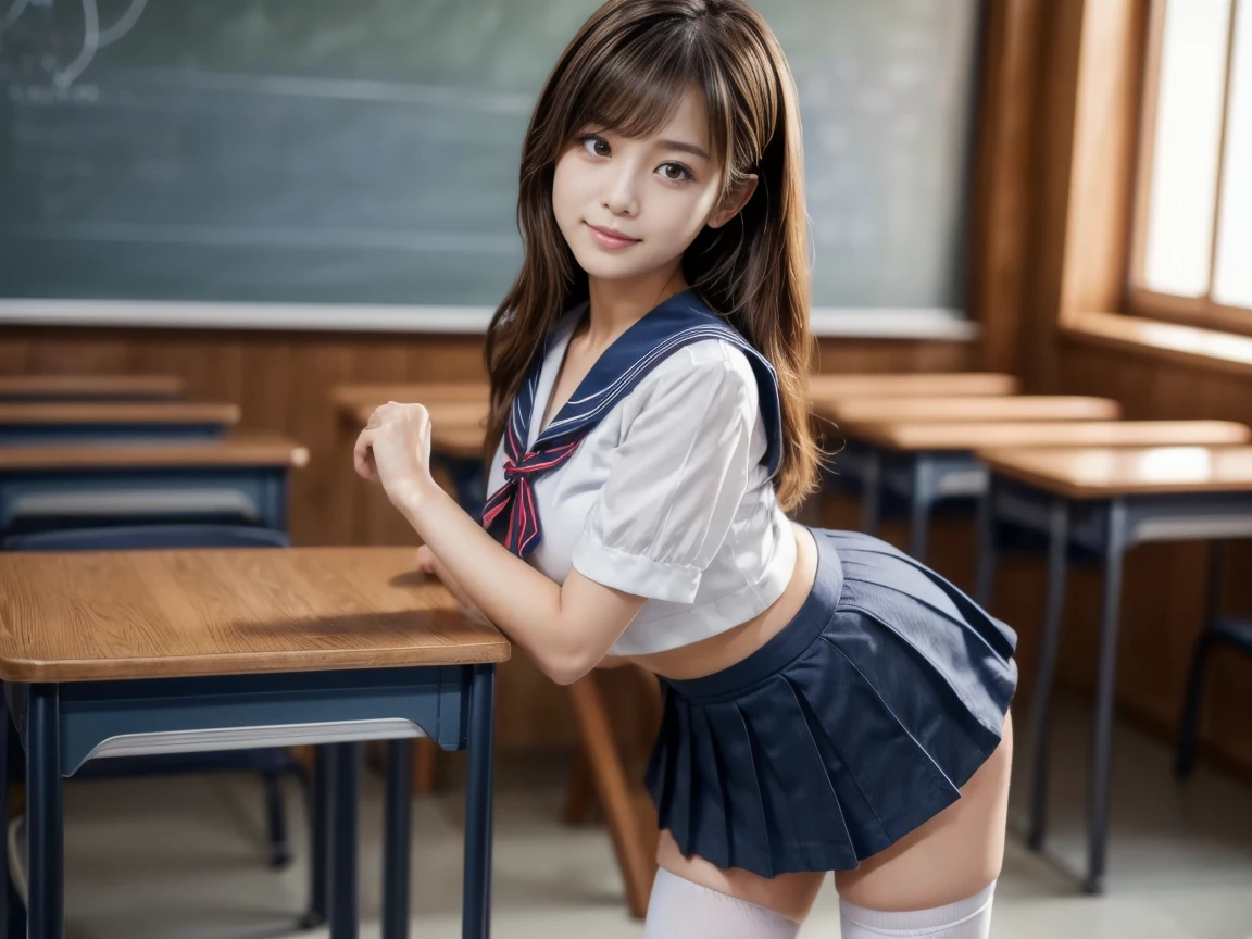(highest quality,masterpiece:1.3,Ultra-high resolution),(Very detailed、Caustics) (Realistic:1.4, RAW shooting、)Ultra-Realistic Capture、Very detailed、Natural skin texture、masterpiece、(Japanese female student wearing high school short-sleeved summer sailor uniform:1.3)、Adorable expression、Expressions of happiness、14 years old、height: 148cm、Young Face、Amazingly cute、Twin tail hairstyle、Straight hair、Scrunchie、Black Hair、light makeup、Larger breasts、Shining thighs、Shining ass、Filmed in a junior high school classroom、Background details、No skirt、Satin fabric panties are visible、smile、An inviting gaze、Anatomically correct、Side shot、Climbing a big floating ring、Cowboy Shot、Attention to detail、Poses that accentuate the legs、