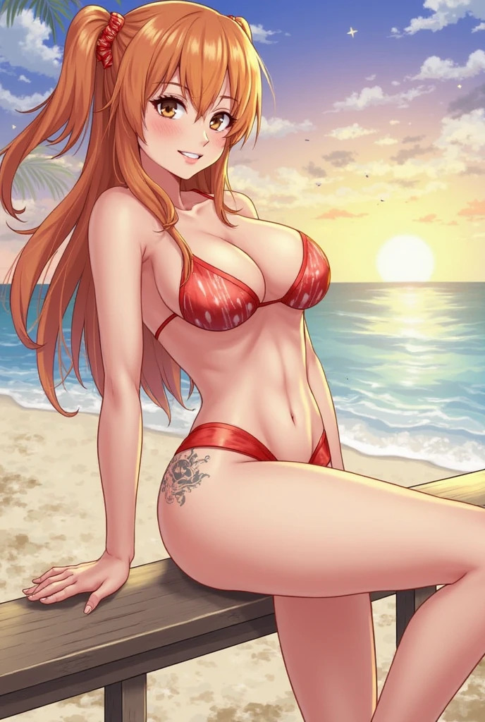 anime girl in bikini standing on the beach with palm trees, swimsuit, marin kitagawa fanart, beautiful portrait of nami, at the beach, is wearing a swimsuit, nami one piece, clean detailed anime art, in the beach, seductive anime girl, realistic bikini, at a beach, detailed anime character art, erza scarlet as a real person