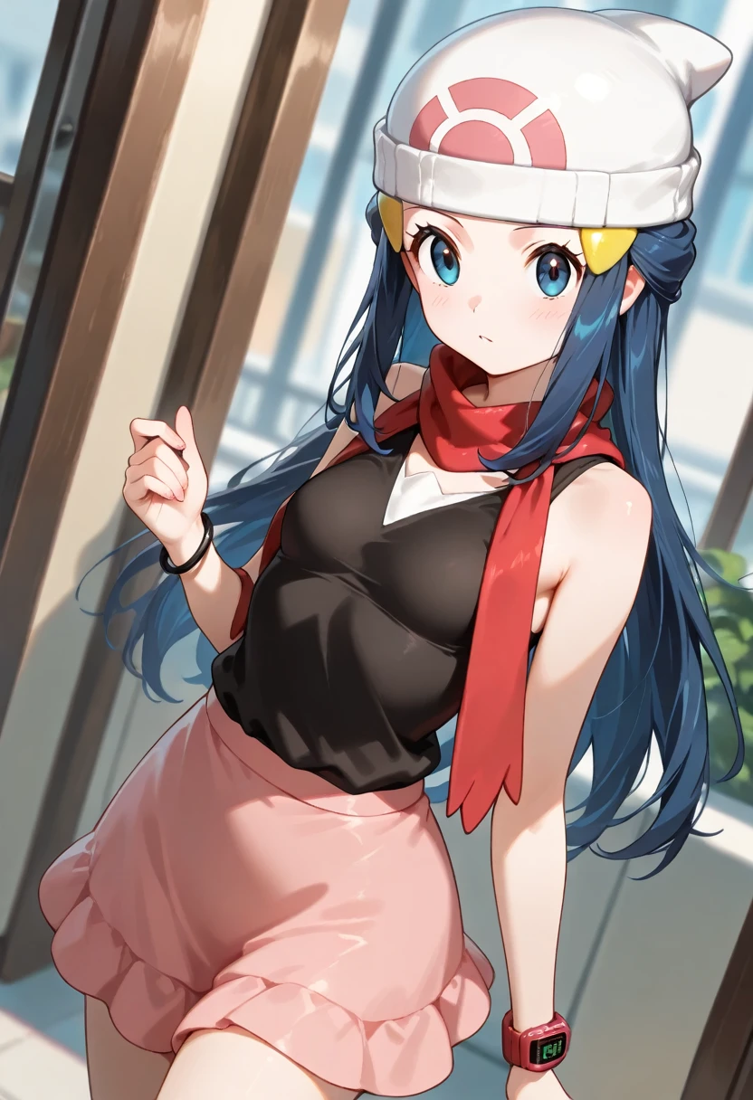 NSFW,masterpiece,Highest quality,High resolution,Super detailed,dawn_\(pokemon\),blue eyes, Blue Hair, Long Hair, Side Lock, Hair Clip, Beanie, Black Dress, No sleeve, Pink Skirt, scarf,Shopping mall,Lingerie Shop,Underwear section
