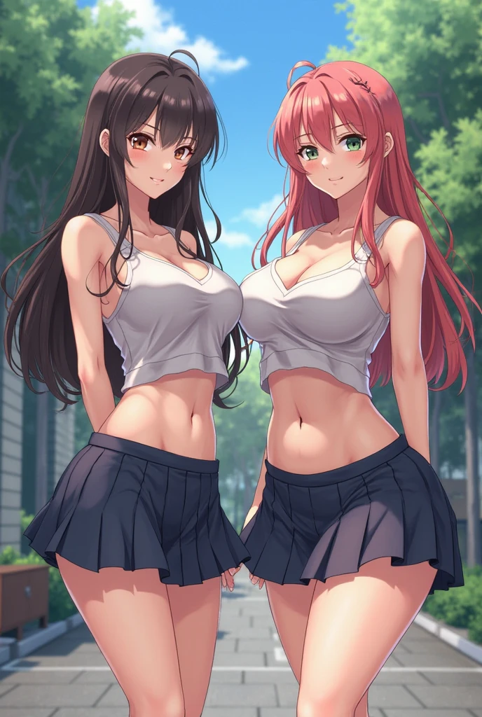 red-pinkish hair, green eyes, long hair, miniskirt, sexy panty, belly free, athletic, sexy outfit, white and black clothes