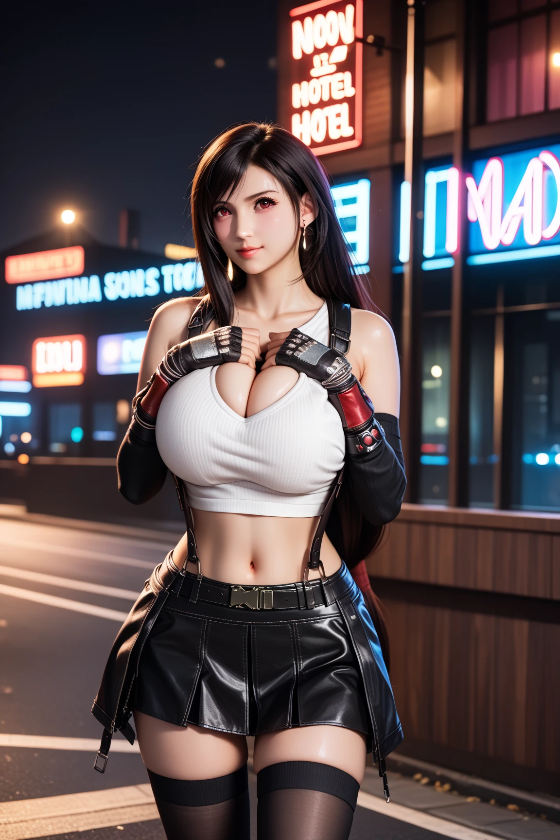 (Reality: 1.4), Top quality, Very delicate and beautiful, high resolution, 1 Girl, Tifa_Lockhart, Smile, Cowboy shooting, Suspenders, Low level, mini skirt, Vest, nervous shirt, Black Hair, long hair, Elbow gloves, Beautiful and delicate red eyes, face light, light, Umbilical cord, High exposure, Abdominal exposure, rib cage, Abdominal muscles, ( Huge breasts: 1.2), Dynamic poses, Dynamic Angle,
