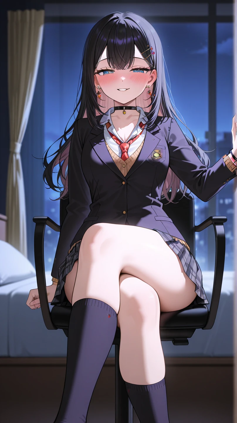 komiShouko, masterpiece, best quality, absurdres, 1girl, looking at viewer, v arms, pantyhose, classroom, , red skirt, red bow, blazer, window, sitting, chair, crowd,crossing legs,medium thighs.
