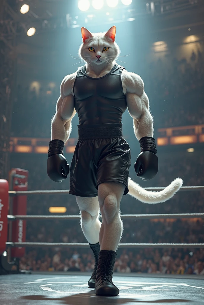 there is a cat standing next to a boxing ring with a cat, new cats movie, amazing cgi, professional cgi, vray and arnold, award winning cgi, posing for a fight intricate, muscular characters, 3 d animated movie, sfw version, posing ready for a fight, in a fighting pose, realistic cgi, in a boxing ring, badass composition, boxing match