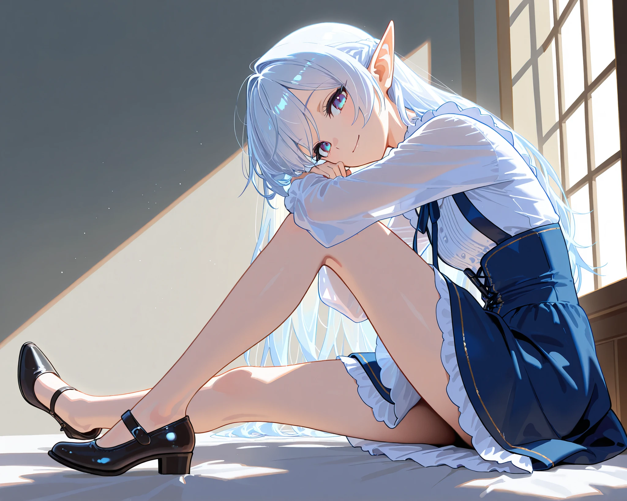 masterpiece,Best Quality,Super Detailed、high definition、8k Quality、upper eyelid、French twist HAIR,Smile Yan、Morning,medieval european clothes、simple background、dress、hands are behind、Skirt length is below the knee、thin sole shoes,transparent hair、Elf