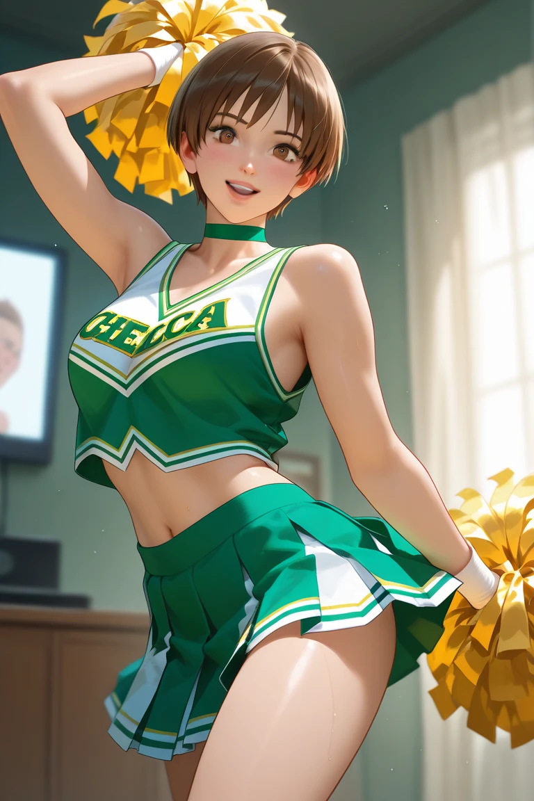 (masterpiece:1.5), (top-quality:1.5), (16k wallpaper:1.2), (Photo realistic:1.2), (ultra-detail art:1.2), (high resolution:1.2), (Highly detailed and realistic skin:1.2), (she spreads her slender legs, Having sex:1.5), (On the mat in the school gym), asuna, blue eyes, long hair, halo, hair over one eye, 18-year-old cheerleader, Very detailed and beautiful sharp eyes, Powerful and beautiful eyeshadow, (Slender woman with body shape:1.2), Natural Color Lip, (long blonde high ponytail covering one eye), (white sleeveless cheerleading shirt:1.2), (Ahe-face:1.3), (Overflowing sperm:1.2), (teal cheerleading miniskirt:1.2), (Screaming:1.2)、