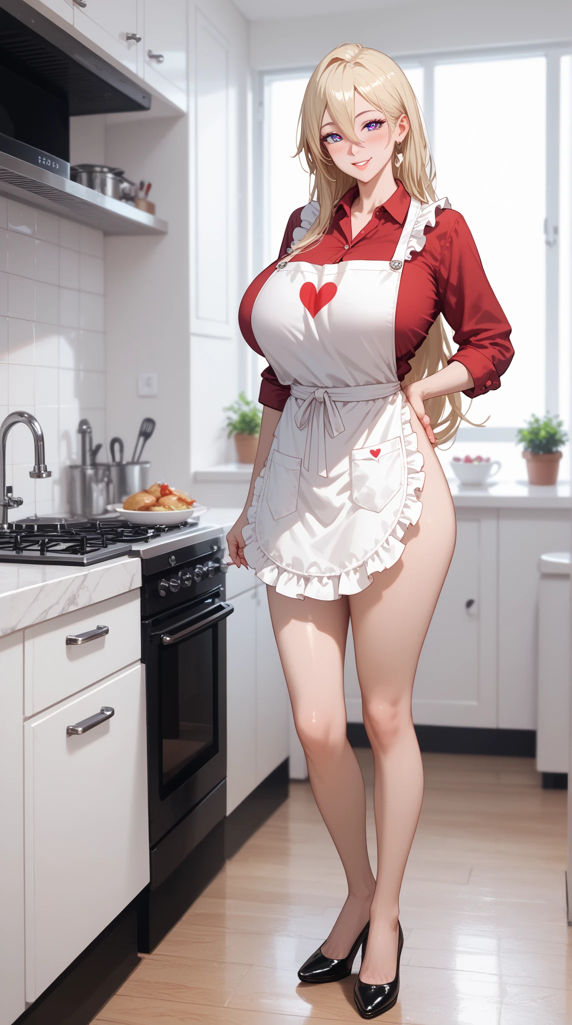 Beautiful chocolate woman, blonde girl, colored hair, chocolate, up close, cooks in the kitchen with a neckline,Curvy sexy look, chic hips, Long black cables, Extremely detailed, high heels, Flowers in pots, Heart print on transparent apron, tights in a mesh, chocolate, Chocolate dessert, chocolate ice cream, whipped cream, chocolate cake