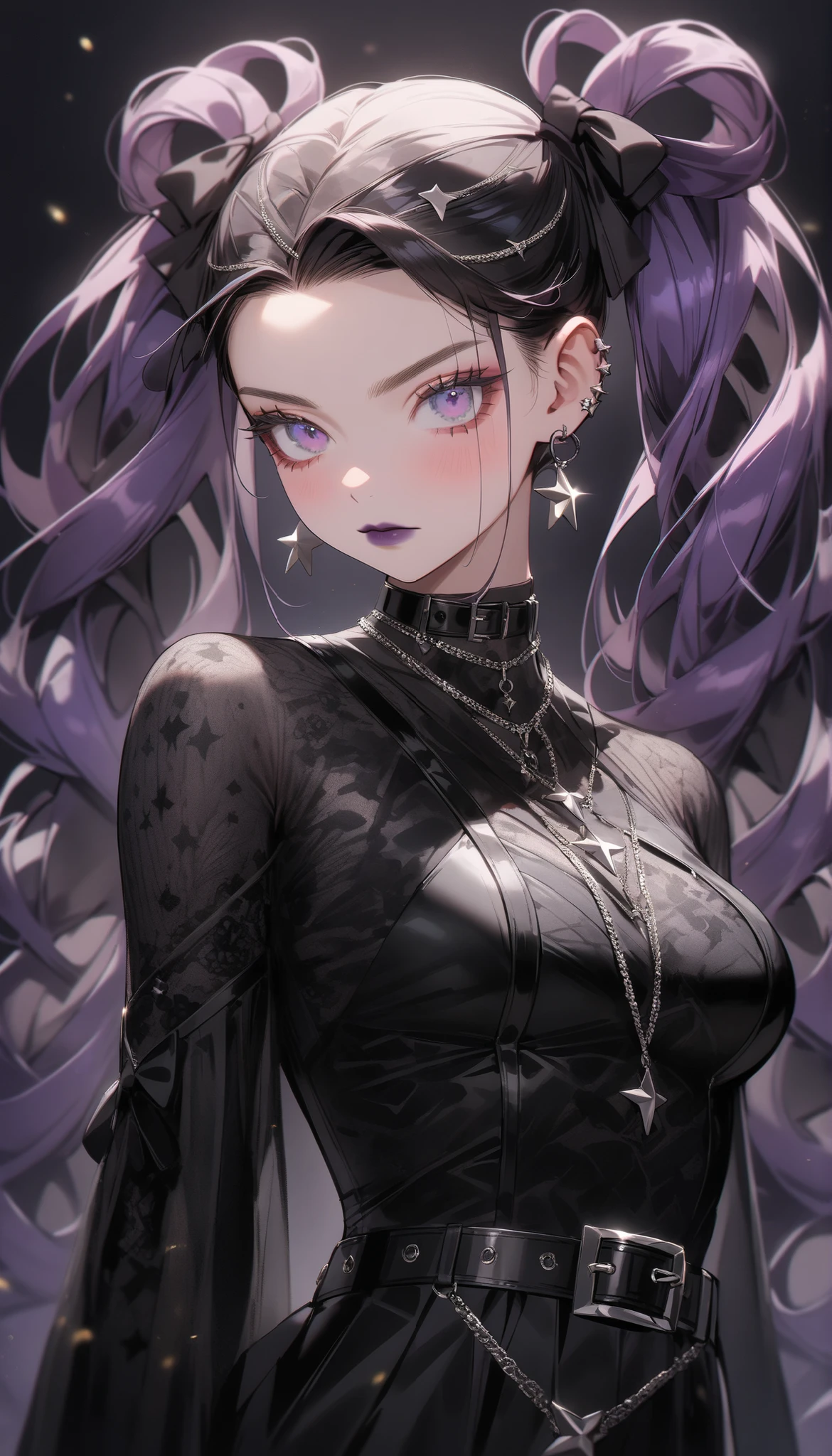 1girl, Holo-Punk Style, goth, masterpiece, best quality, indoors, mascara, lips, eyeliner, pale skin, black hair