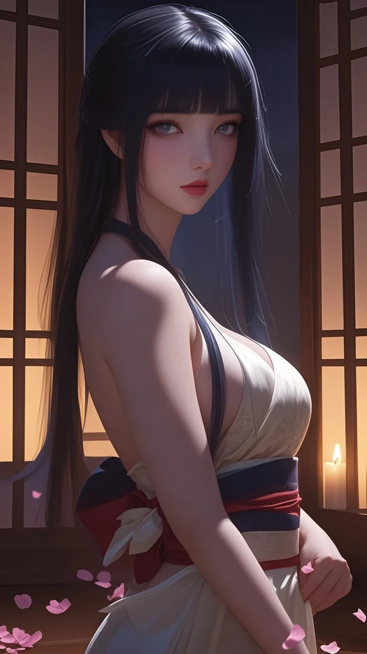A beautiful flirtatiously smiling woman, a very busty ronin wearing gold lace kimono, Meiji restoration, blue eyes, yojimbo, cleavage, bare shoulders, HD, UHD, WLOP, Artgerm, intricate braided hairstyle, a view from the side, large anime eyes, realistic eyes, highly detailed eyes, natural skin, natural skin texture, subsurface scattering, muted colors, skin pores, perfect face, perfect eyes, perfect full lips, supple female form, vivid, cinematic, Film light, Hyper detailed, Hyper-realistic, masterpiece, atmospheric, High resolution, Vibrant, High contrast, dark angle, 8k, HDR, 500px, Art by Redjuice