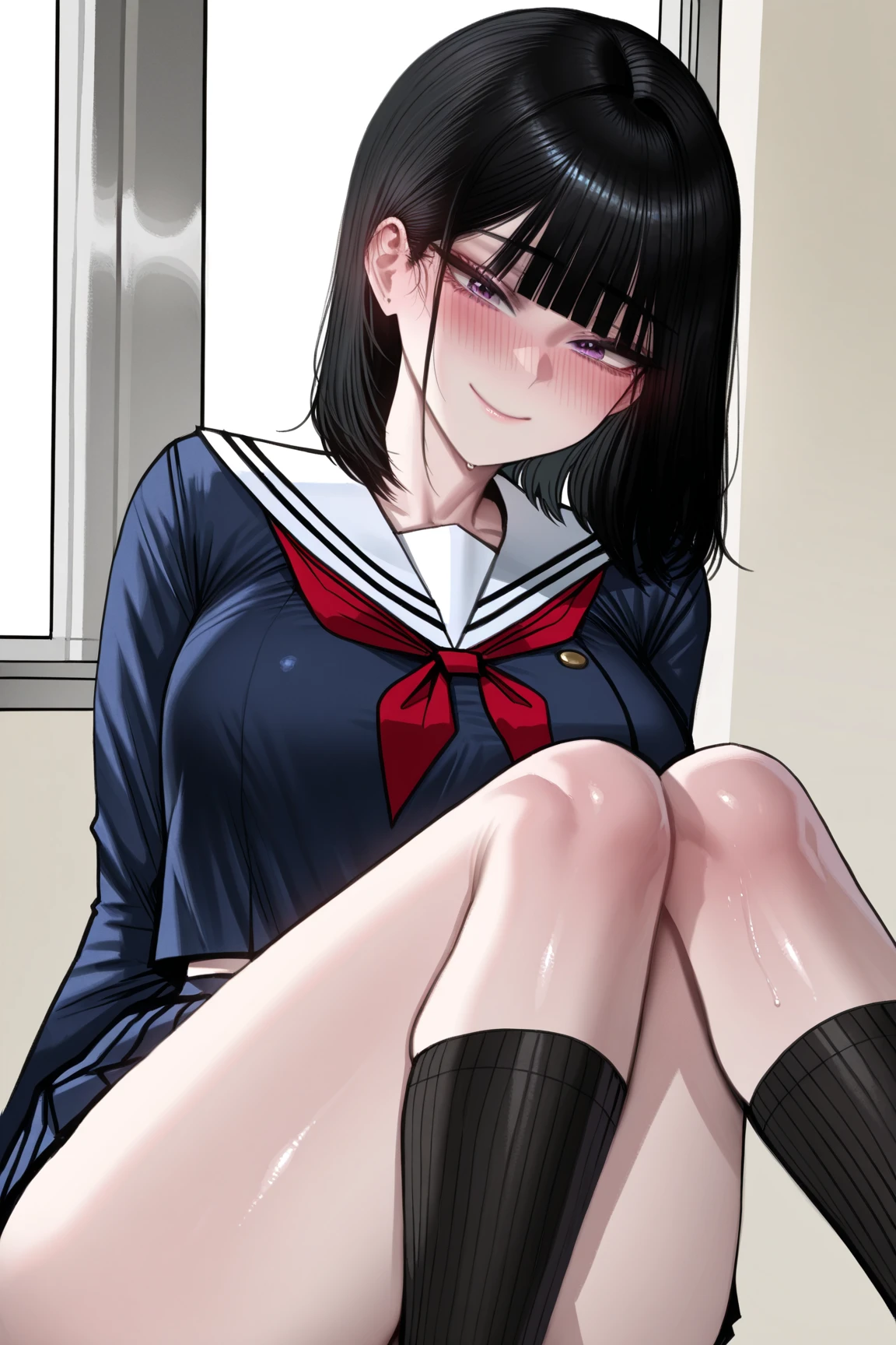 Highest quality,Detailed portraits,Sitting,(Girl showing detailed sole of right foot:1.4),(Detailed and beautiful face),(Beautiful deformed teeth),Erotic tongue,(Beautifully detailed white panties with stitching),Staring at me as if looking into my eyes,(A smile of pleasure),(Sweating all over:1.5),(There is a cloudy liquid on the sole of the right foot.:1.3),Long, slender legs,(high school girl),She is taking a picture of me with the camera in her left hand.,School classroom
