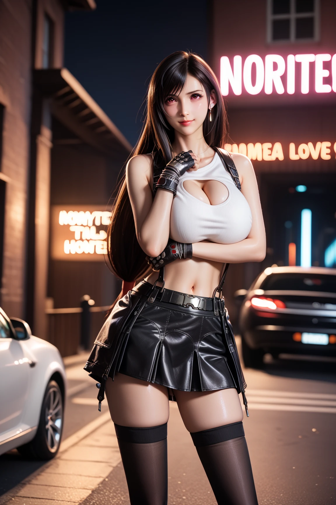 <lora:add_detail:0.5> <lora:copax_charm_eu:0.2> (1girl,3d, photorealistic,masterpiece, best quality), surprised, from back, seductive pose, in a graffiti street,
big boobs,acTifa, black tank top, zipper, black skirt, black shorts, black gloves, black boots
 <lora:tifa-nvwls-v1:0.6>