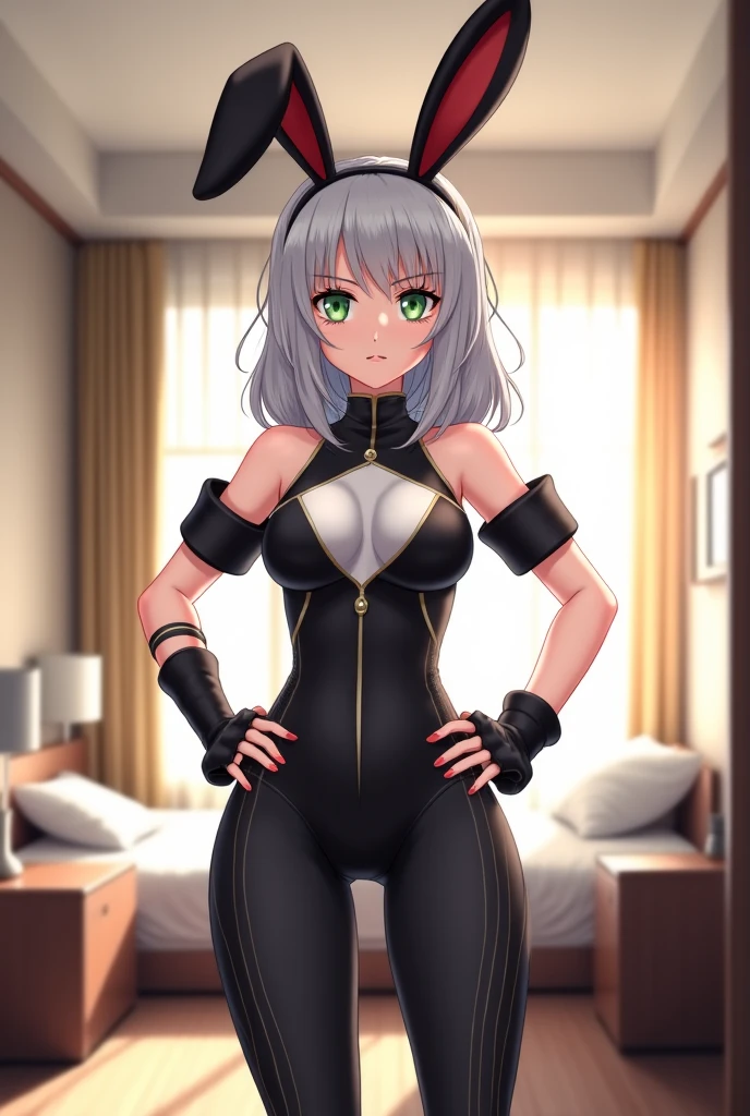 1 girl, alone, tobiichi origami, short hair, blue eyes, hair ornament, ribbon, white hair, blue playboy bunny outfit, cleavage, blue headband, blue bunny ears, black pantyhose, blue heels, room, bedroom, standing, hand on waist, looking at viewer, looking back, from behind, focus on ass, point of view (from below), large breasts, medium waist, wide hips, medium thighs, round butt, 1 girl, only (jeans photo: 1.5), (masterpiece: 1.2), best quality, high resolution, Unity 8k wallpaper, (artwork: 0.8), (beautiful detailed eyes: 1.6), extremely detailed face, lighting perfect, extremely detailed CG (perfect hands, perfect anatomy),