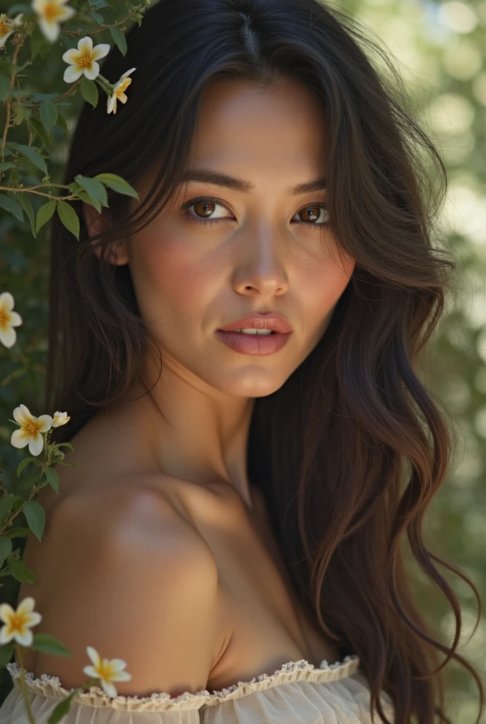 Portrait MagMix Girl look at camera, long hair, naked, big breast, a black wall, adorned with dark bougainvillea flowers, natural light, sunlight casting soft shadows, analog film photo, Kodachrome, (nsfw:1.4)