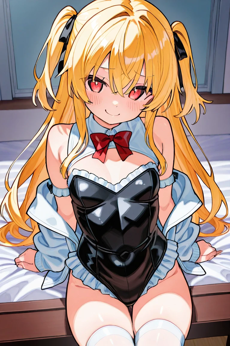 Beautiful long blonde Girl in black maid outfit Long sleeve Shyness Lying on the bed Put your hands up No underwear Small breasts