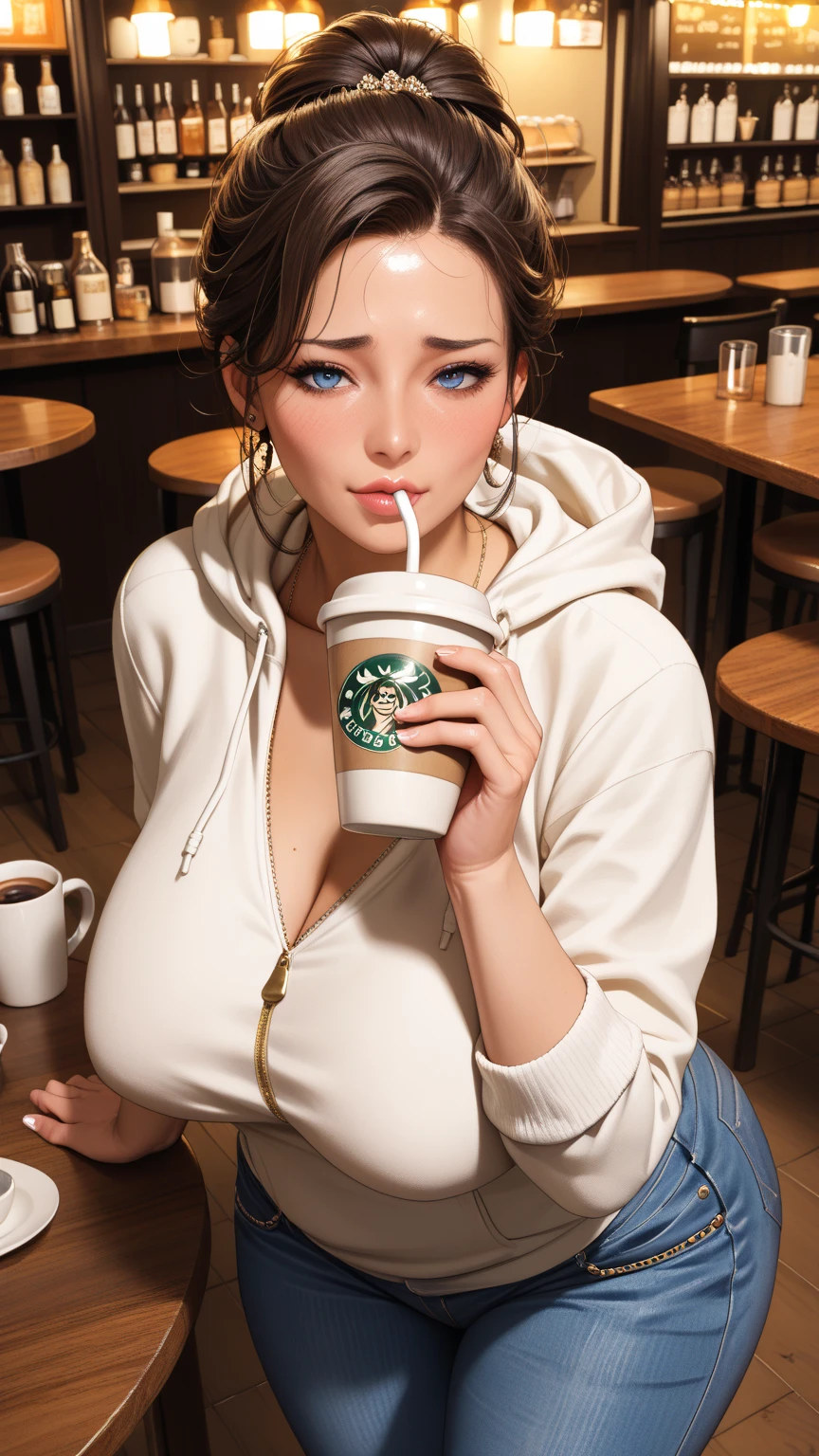 8k、highest qualityr、Obra maestra、Una calidad de imagen ultra alta、Ultra-detallado、Super Beautiful、animesque、Ultra-realistic meat feel、cuerpo completosbian、Drinking a latte、Prendas de punto roja sin hombros、Mujeres hermosas、Cabello largo y azul、poneyTail、ojos azules、piel brillante、very small breasts、extremadamente grande、piel brillante 、The background is a café