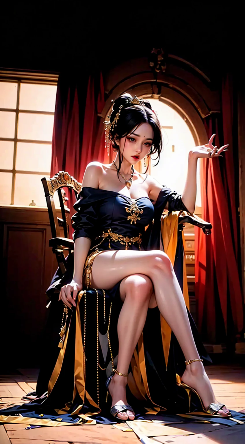 Crazy Clown Queen,sitting on golden throne,Jester cap,Clown costume, mitts,Vibrant colors, burst into laughter, dark gold hair,Cute,Horror,Wavy hair, hair-bun,high-heels。 (It's all blood),Circus props, spooky ambiance, haunted background。style of surrealism, Sharp contrast,ominous lighting,hdr,hyper HD,Studio lighting,painting-like,Ultra-fine painting,Sharp focus,Physically-based rendering,Extreme detail description,professional,((Horror)).