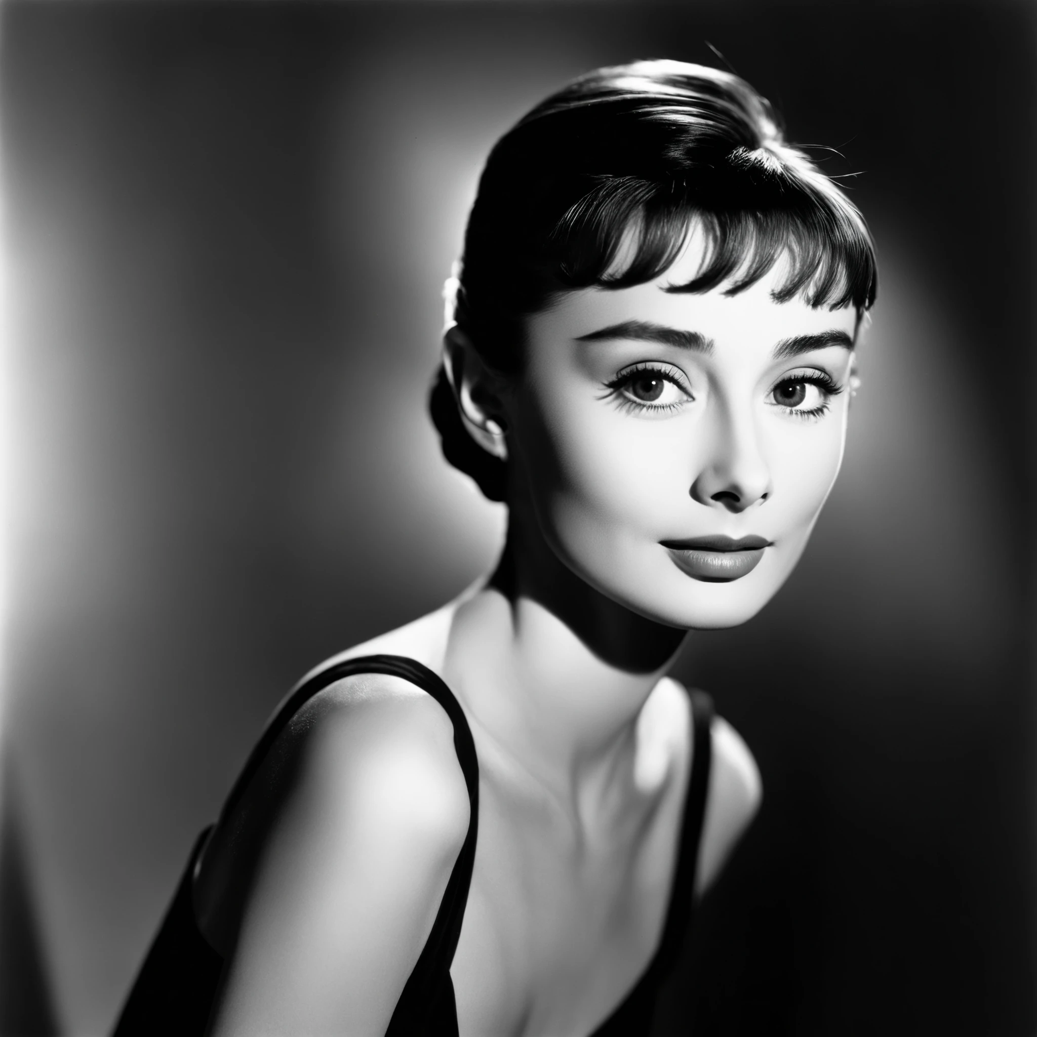black and white portrait of Audrey Hepburn, studio lighting, dramatic shadows, 1940s film noir style, vintage, old picture,