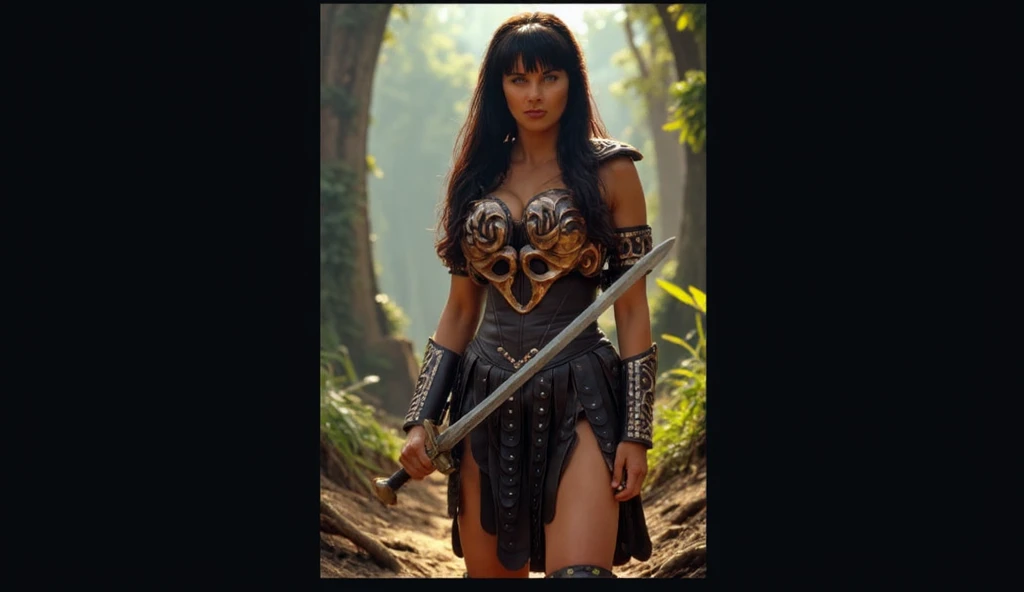 Xena, side view, detailed face, detailed body, armor, leather, fantasy, ifbb, blue eyes, long black hair, pale, tanned, movement, pose, angle, perspective, composition, dynamic