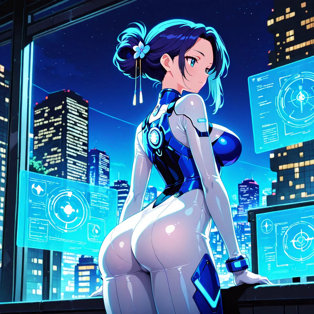 1girl, blue hair, large breasts, bunny ears, rabbit ears, wide hips, bodysuit, black bodysuit, short hair, very short hair, science-fiction, tech, futuristic, machinery, full body, neon trim, happy, light smile, from behind, ass,
