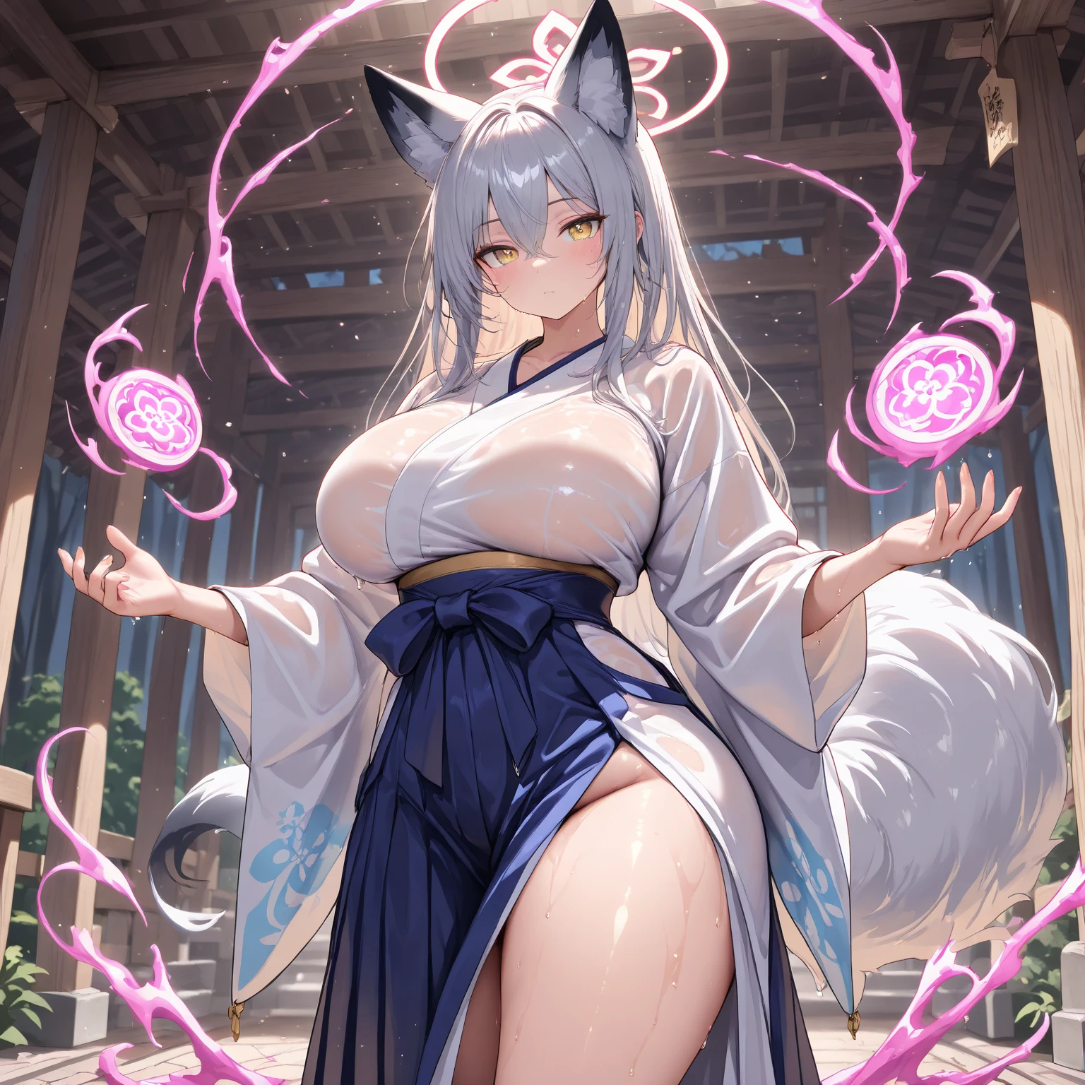 High resolution、highest quality、4K、Gray Hair、bangs、長いGray Hair、Slanted Eyes、Purple lipstick、Glowing yellow eyes、Pale skin、nine tailed fox、The girl with nine fox tails、Purple Oiran、topless、Big white fox ears、Large Breasts、Cleavage、Ruthless smile、Pale-white fireball、fox fire、Fireballs from your fingertips、Full moon night、Full Body