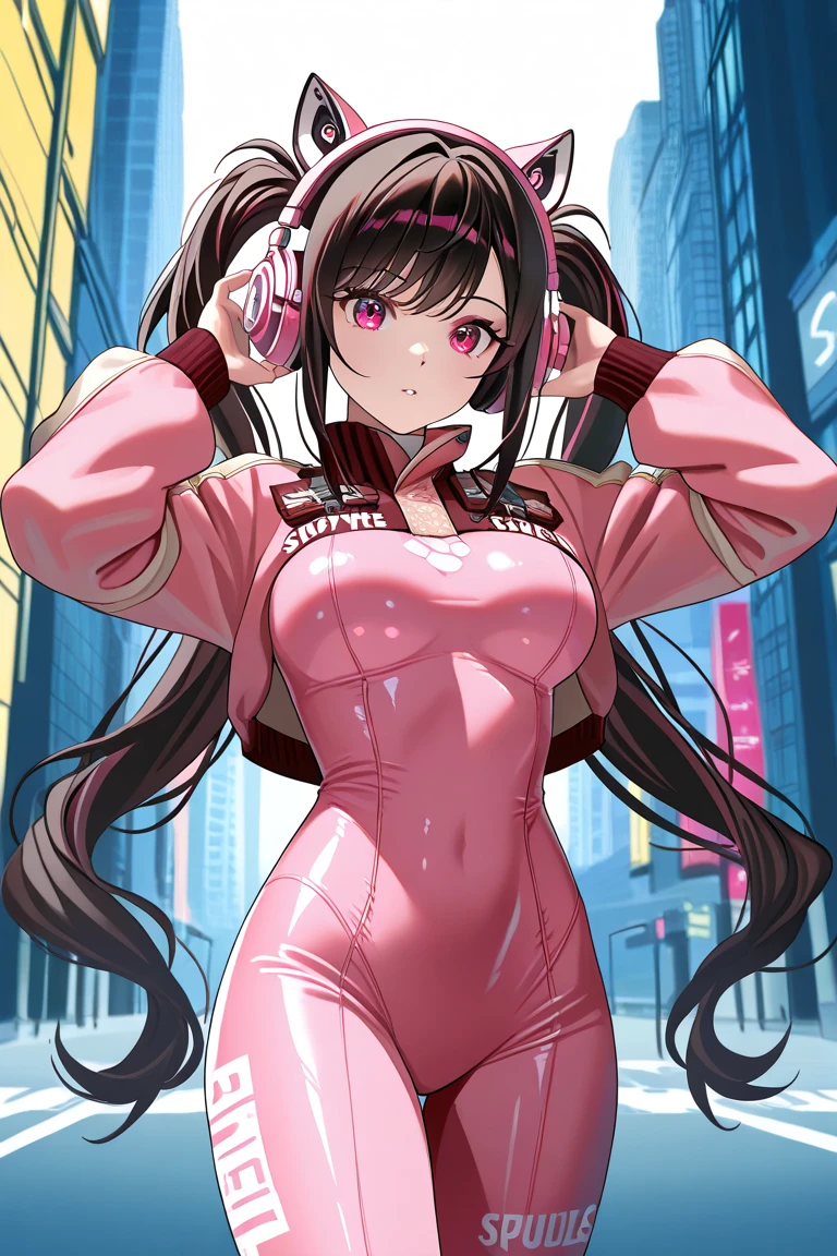 masterpiece, highest quality, High resolution, 1 girl, ticker, long hair, big breasts, race_Queen,pink leotard, Jacket, embarrassing,closed mouth, field,