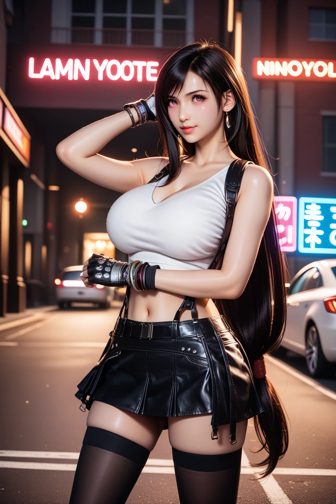 (8k, best quality, masterpiece:1.2), (realistic, photo-realistic:1.37), ultra-detailed, 1 girl,cute, solo, (tifa lockhart), (huge breasts:1.5),(beautiful detailed eyes), (smile:1.2), (closed mouth), erotic pose, dancing, neon lights, cityscape, depth of field, dark intense shadows, sharp focus, cars, motion blur, motor bikes, depth of field, good composition, green glowing light, Final Fantasy VII, dating,(nose blush), single elbow pad, ankle boots, black hair, black thighhighs, red boots, elbow gloves, elbow pads, fingerless gloves, taut shirt, sports bra, (suspender black skirt), thighhighs, (white tank top:1.3), full body, head rest, lips, pretty face, low-tied long hair, ((red_eyes)), yellow flowers, (night:1.3), intricate, bokeh, cinematic lighting, photon mapping, radiosity, physically-based rendering, (Tetsuya Nomura style), nsfw, perfect breasts