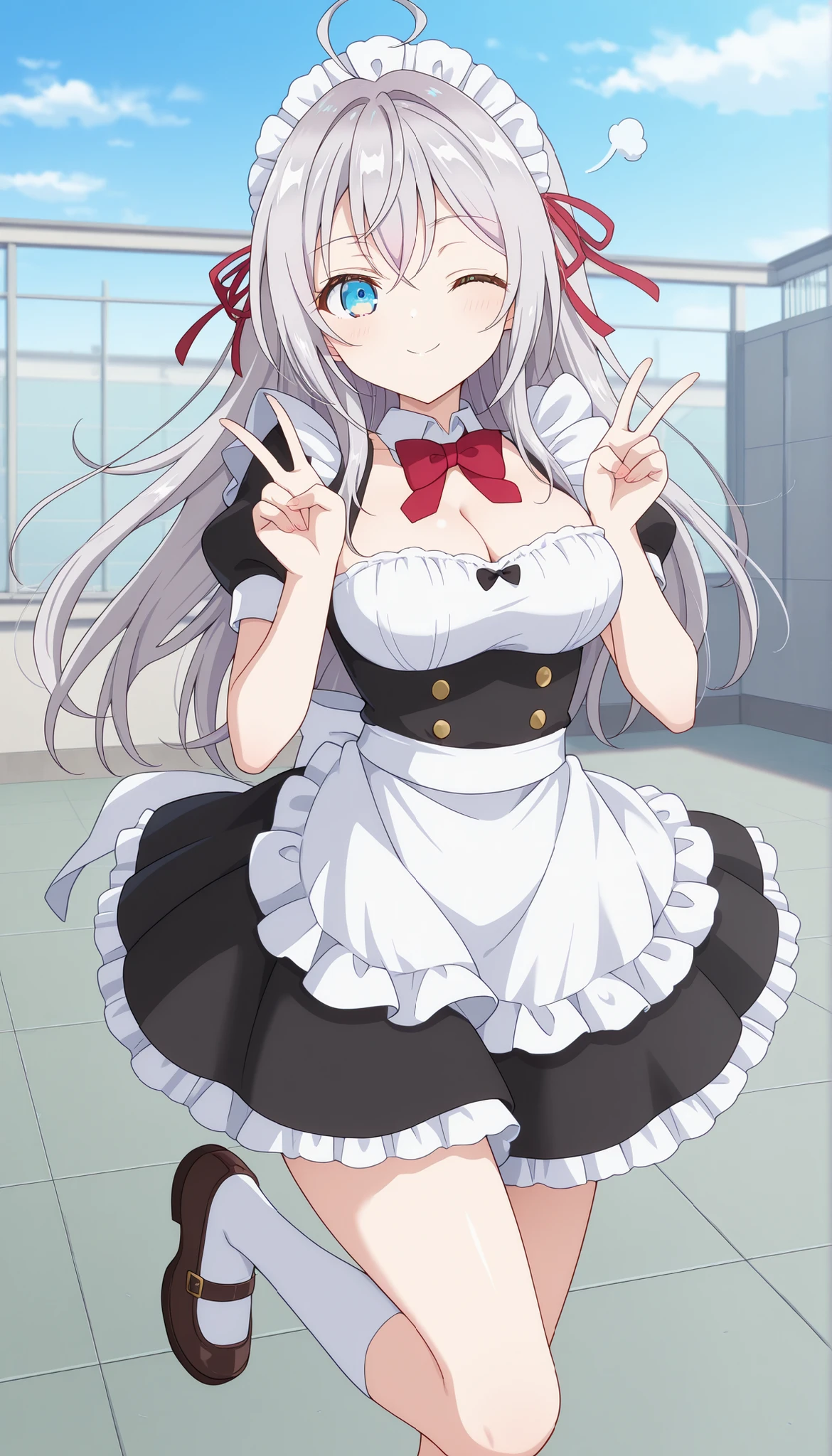 score_9, score_8_up, score_7_up, source_anime, 1girl, alya, grey hair, long hair, ahoge, hair ribbon, blue eyes, best quality, masterpiece, ultra-detailed, high quality, highres, pretty woman, beautiful, beautiful and perfect face , maid dress, half sleeve,breasts, cleavage, standing, school rooftop , v pose, wink, one leg in air