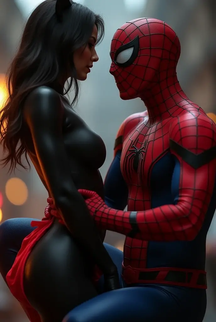 Black cat woman is showing her vagina to Spiderman and asking him to lick her vagina, he is inserting his fingers in her vagina under her skirt, he is fingering her, she is in ecstasy,