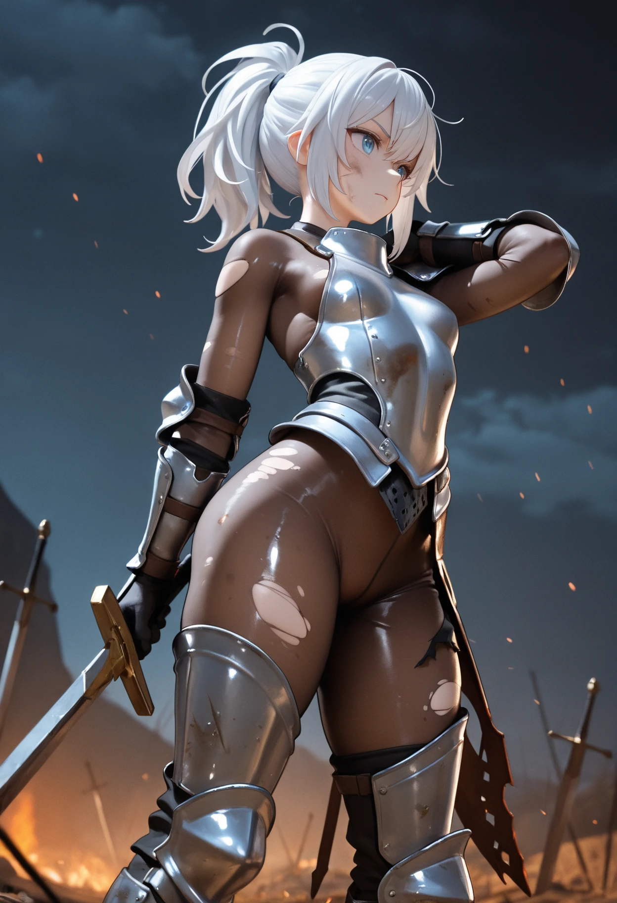 (((Silver ponytail))),(((dark skin))),20 year old Beautiful girl,masterpiece, best quality, ultra detailed, Photo taken from below, {best quality}, {very aesthetic}, {ultra-detailed}, {best illustration}, girl, solo, embarrassing, close eyes, pussy, (((peeing))), squat,legs apart,pubic hair, pained expression, (((energetic urine))),(((Deep underground cave))),(((black iron armor)),(((night)))