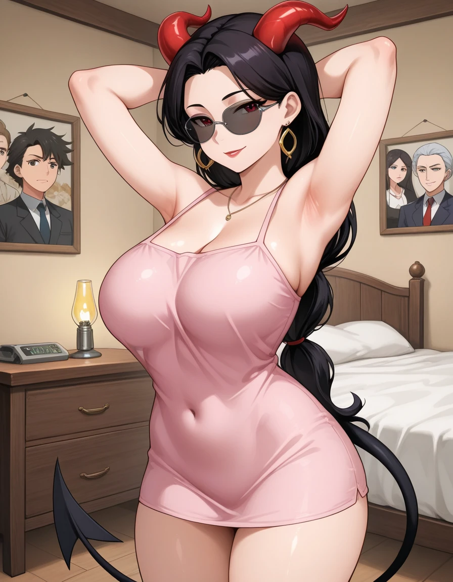 (Artwork: 1.2), (best quality, Official Artwork, Masterpiece, 8k, HD, Ultra-Detailed), 1 woman, red and yellow eyes woman, mature, tall (2.11), a beautiful 32 year old woman, dark skin, (sleek ponytail,forehead), (((( ultra detailed red and yellow eyes)))), ultra realistic eye, ultra-detailed eye, ultra detailed red and yellow eyes, eyes well proportioned to your face, extremely detailed eye, perfect eye, extremely realistic eye, well-lined eye, long eyelashes,black hair, Anime style, perfect face, face that looks about 32 years old, full lips, smiling, mature, Dark skin, natural body, sexy body, MILF body, (ideal body proportion), perfect hands, detailed hands, fine hands proportioned to the body, realistic hands, arms with good anatomy, bikini ,huge and large breasts , thick thighs, wide hips, ((woman with dark skin, detailed red and yellow eyes, and full lips)), Looking at the viewer, configuration of background, (((nightclub in the background))), ultra-detailed, posing alone Looking at the viewer