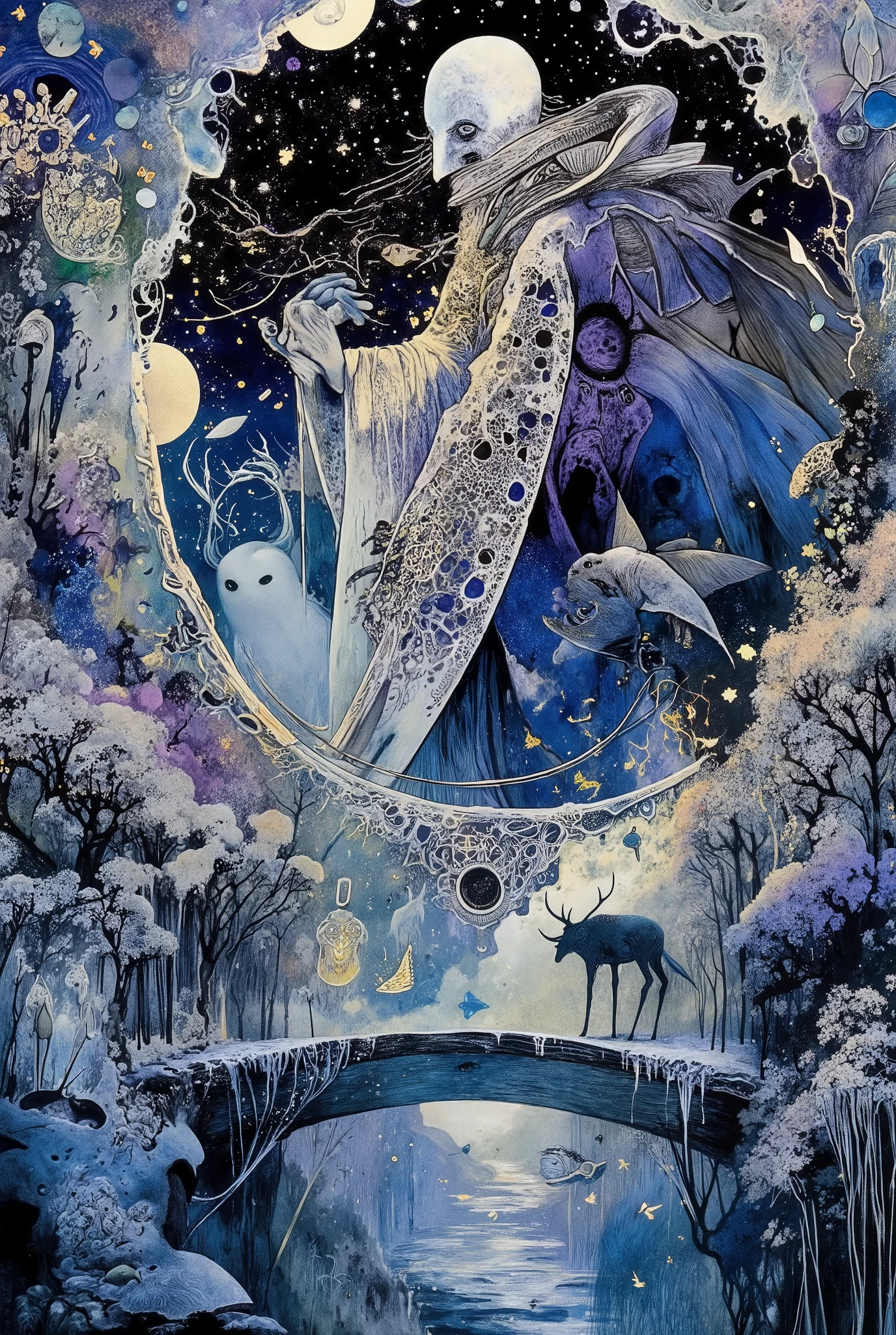 A detailed depiction of a utopian fantasy dream world with many subtle and impressive details: a floating ephemeral city woven of silver threads and luminescent patterns, where the Weavers of nightmares — disembodied creatures in translucent robes and moonstone masks — transform darkness into harmony. The surreal architecture resembles organic delicate amulets, and the bridges are made of flashes of frozen light. Bioluminescent, luxurious, fantastic plants bloom luxuriantly inside, with tiny dream scenes scattered in the night space, and hybrid creatures (owl, deer, butterfly fish) roam freely in the air. Color palette: iridescent blue, lavender and pearl white with soft glow effects. Style: a combination of the surreal landscapes of Mobius and the whimsical, detailed, fabulous atmosphere of Studio Ghibli. The scene depicts a Weaver playing an instrument similar to a harp and turning a shadow into golden fireflies. Breathtaking wonderful atmosphere of mystery and suspense.